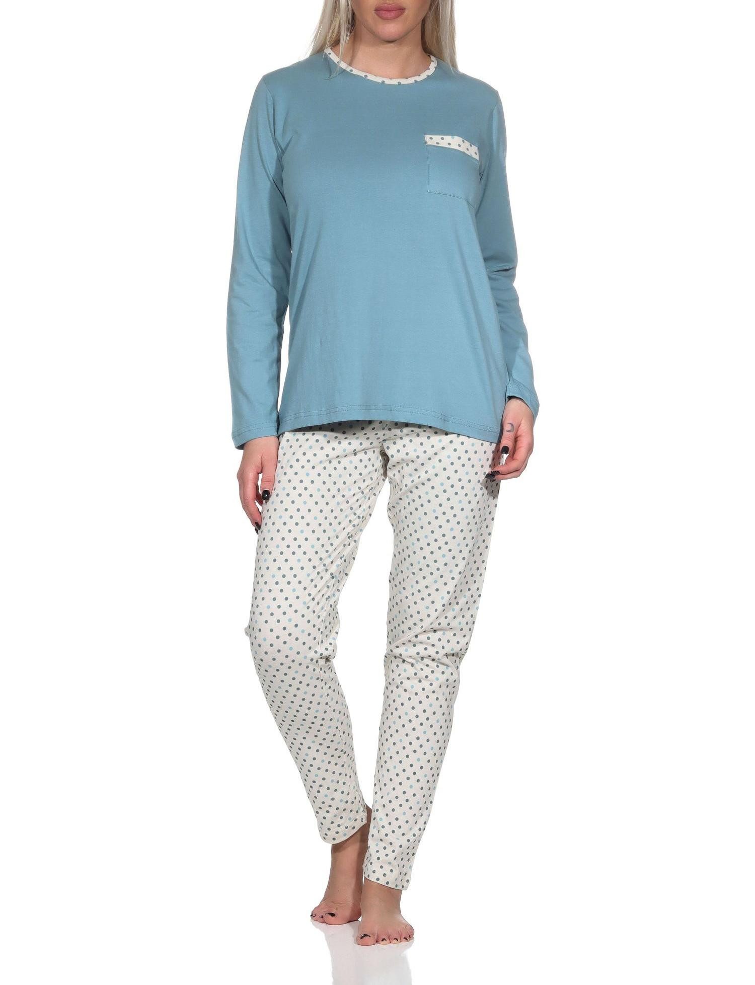 Normann Pyjama Normann Damen Schlafanzug lang mit Pyjamahose in Tupfen Punkte Optik