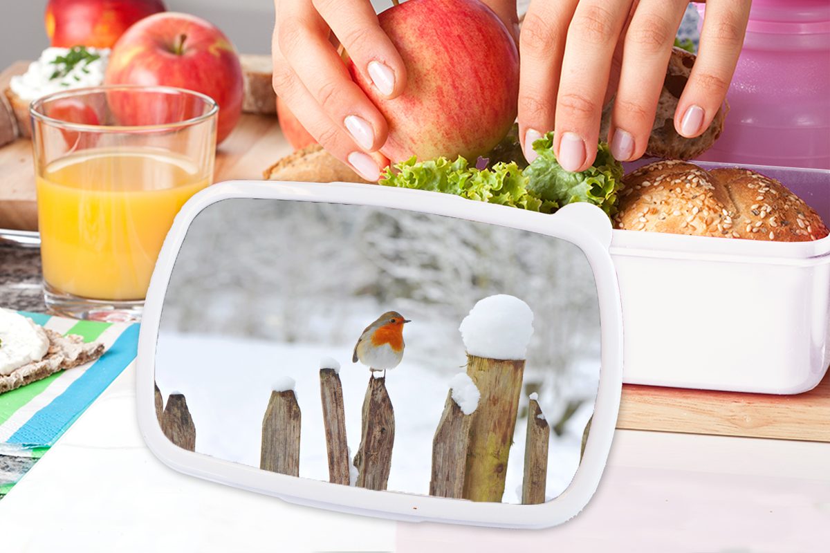 MuchoWow Lunchbox Vogel - Jungs und Kunststoff, und für Brotdose, Schnee, Erwachsene, - Kinder für Brotbox Zaun Mädchen weiß (2-tlg)