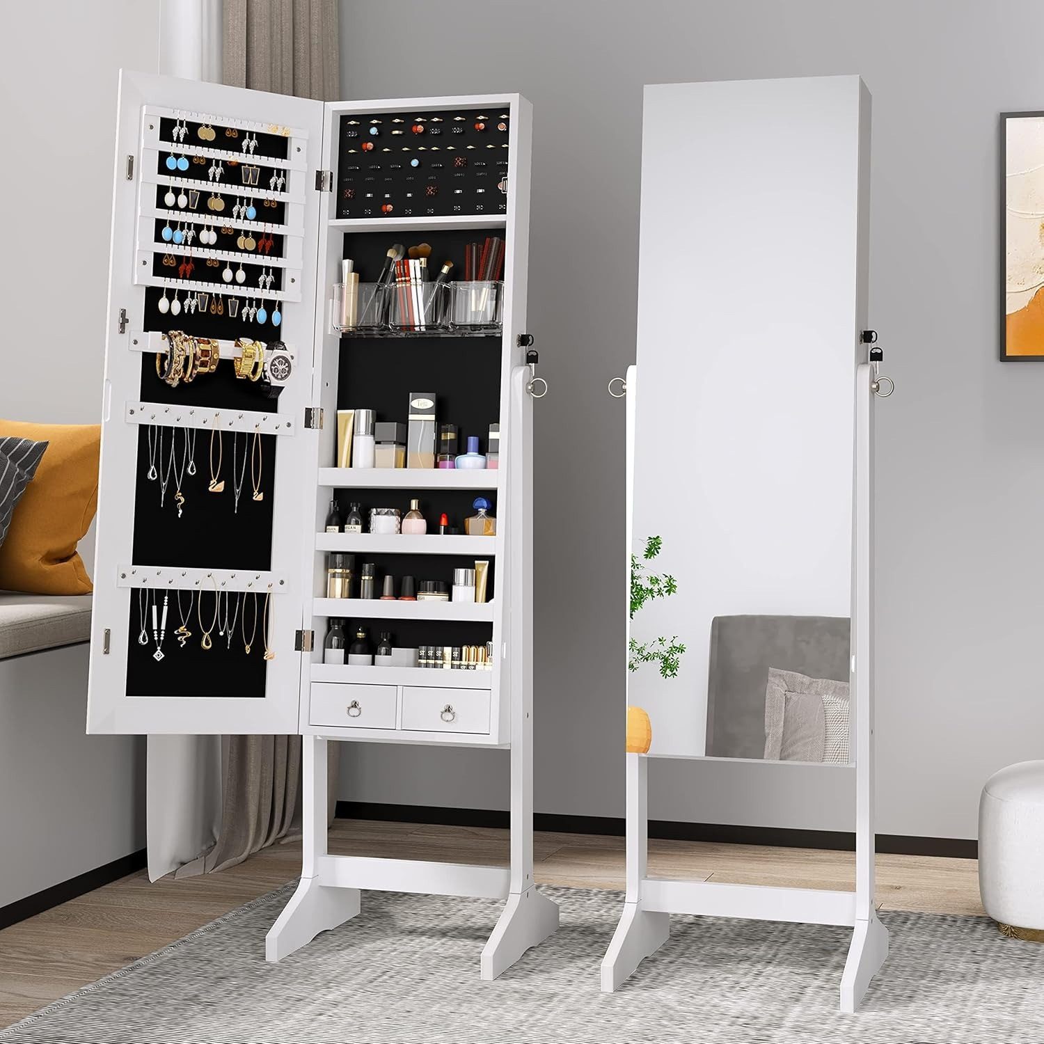 NAIMP Schmuckschrank 2 in 1 Make-Up und Schmuck Aufbewahrung mit Standspiegel