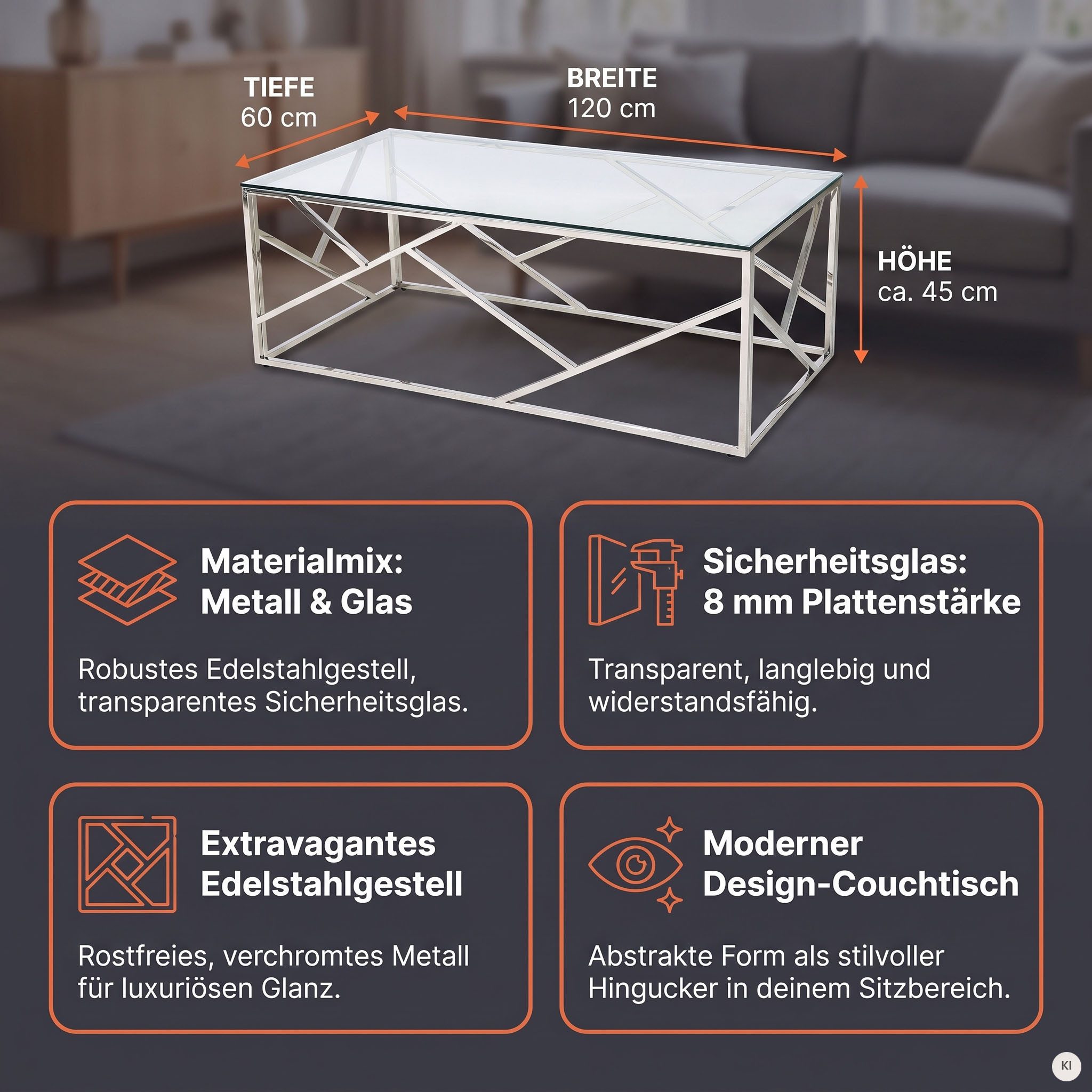 SalesFever Couchtisch Glastisch mit stilvoller Eleganz, Edelstahlgestell: Robust, rostfrei und stilvoll – Bild 3 von 5