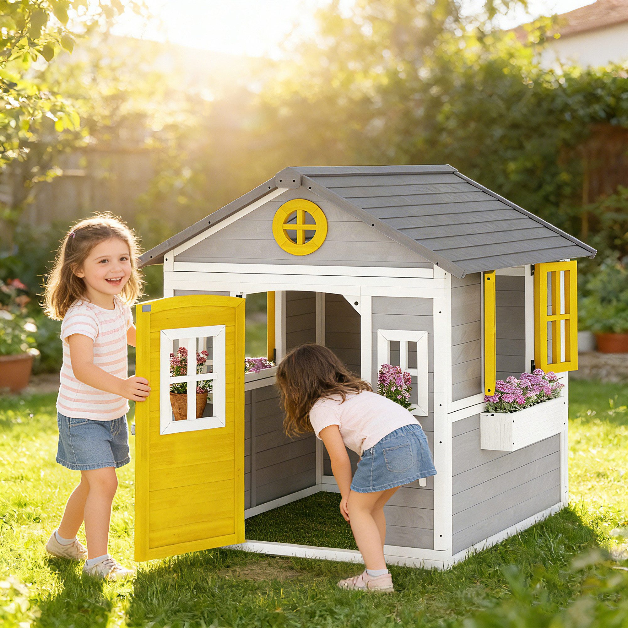 Outsunny Spielhaus Kinderspielhaus mit Tür 6 Fenster 2 Blumenkästen 2 Blumenständern, Wetterfestes Gartenhaus für Jungen und Mädchen von 3-8 Jahren Grau
