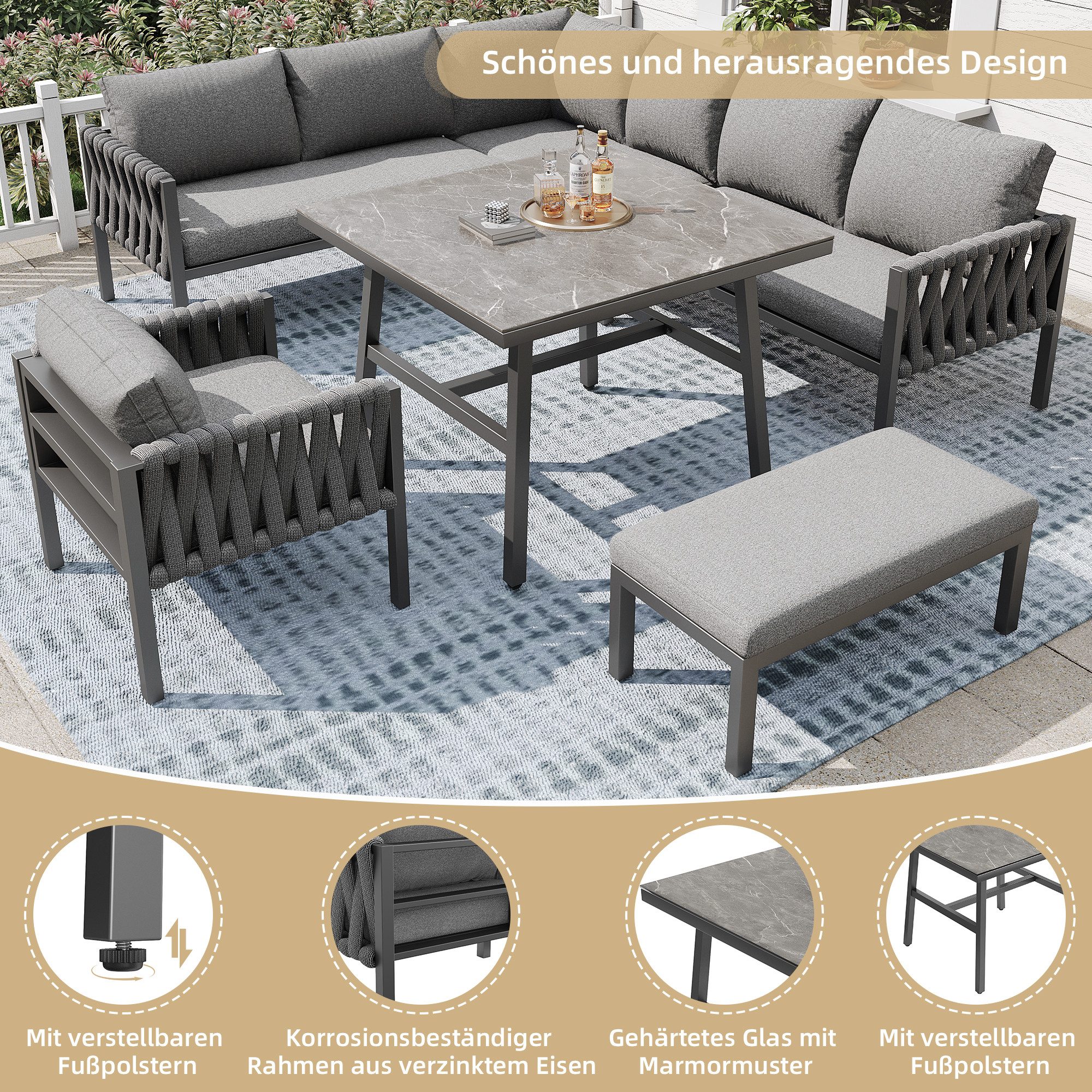 HAUSS SPOLE Sofa Gartenmöbelset mit verstellbare Beine, Ecksofa, Tisch, Kissen, Grau, Modernes Gartenmöbelset mit Seilgeflecht – Verstellbare Beine, Tischplatte aus gehärtetem Glas, Langlebig und UV-beständig, Ergonomisches Ecksofa & Einzelsofa., mit Relaxfunktion