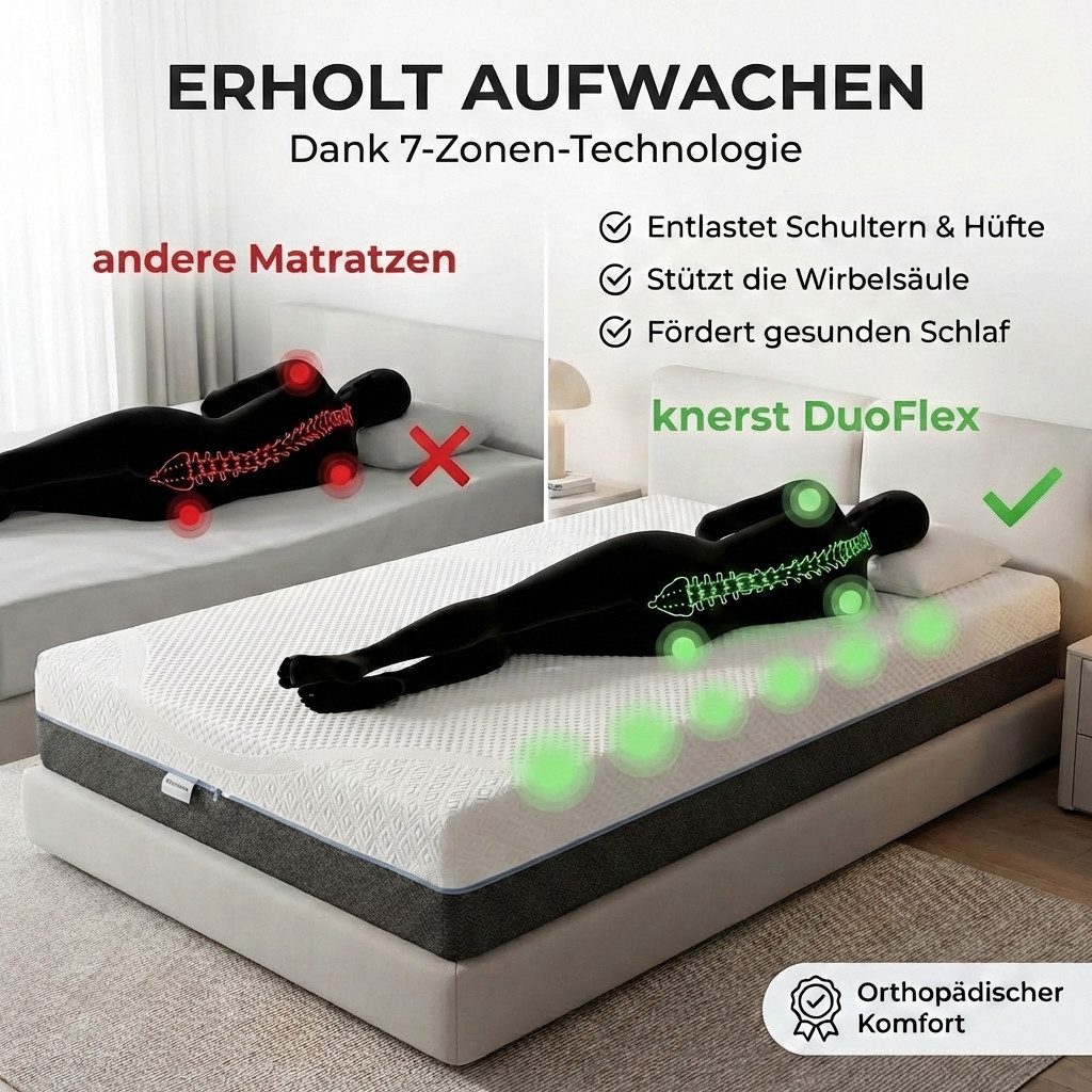 Hybridschaum-Matratze 7 Zonen, Gel-Memory Foam, 2 Härtegrade, 2-in-1-Aufbau, KNERST, Mit Rundum-Reißverschluss komplett abnehmbar waschbar bei 60 °C