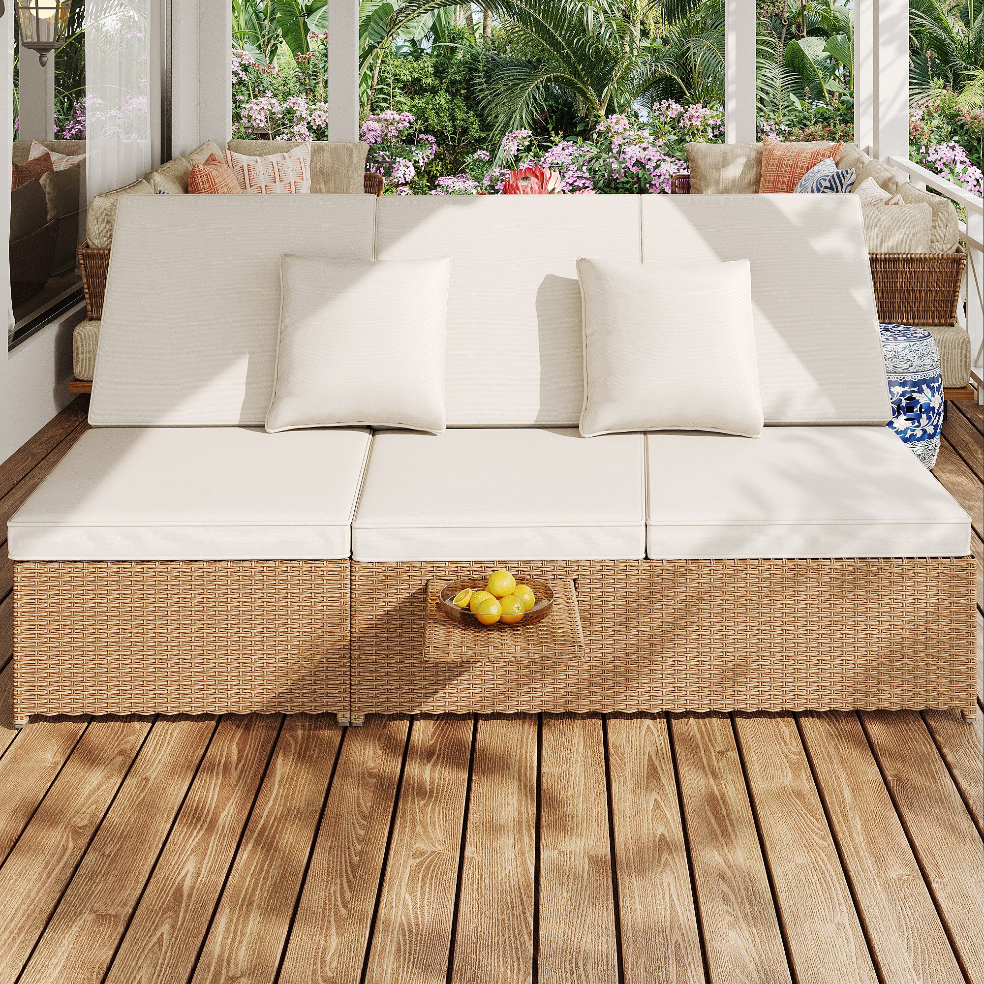 Flieks Gartenliege, Outdoor Rattan klappbare Doppelliege Gartenmöbel Balkonset mit Regal