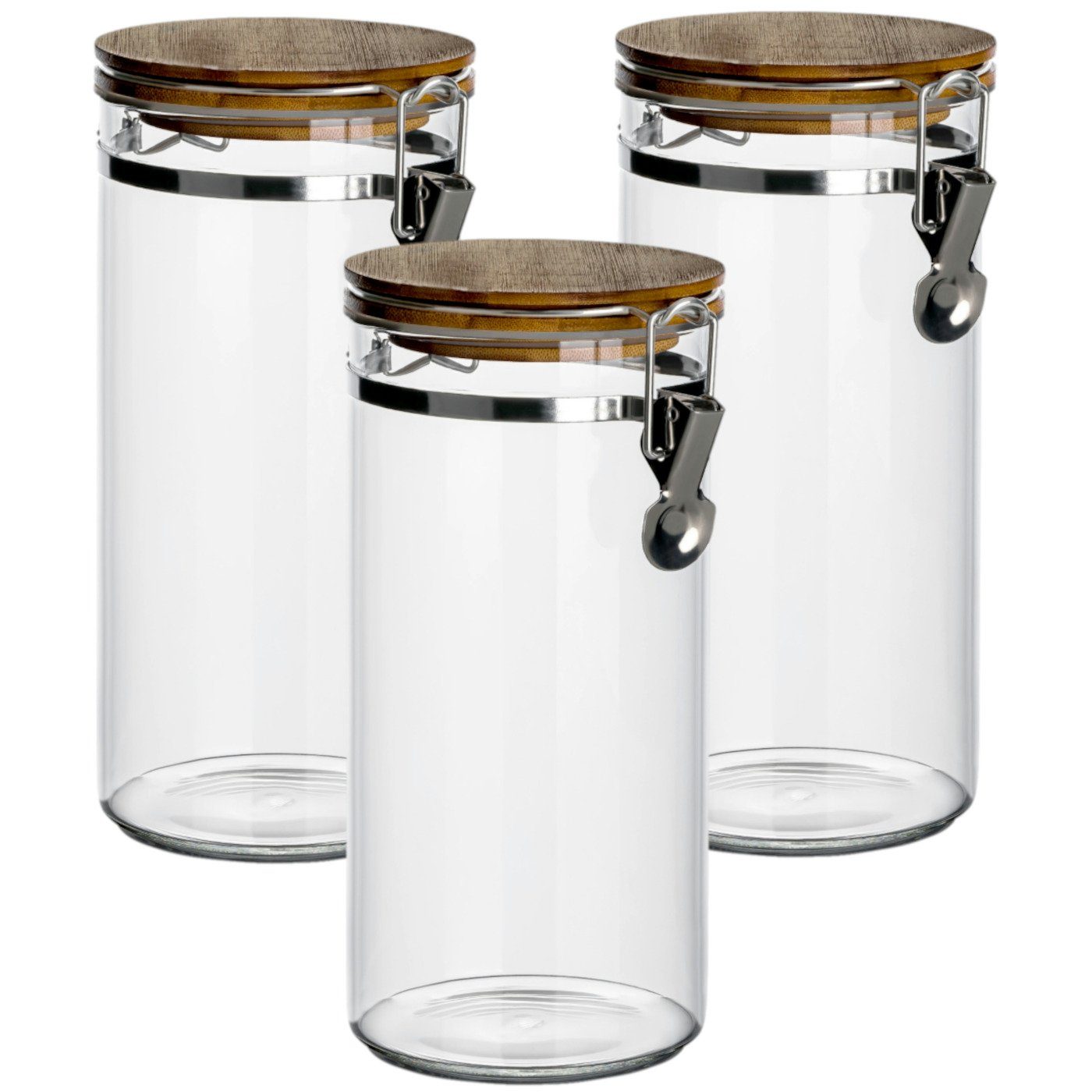 mit (3-tlg), Borosilikatglas mit Bügelverschluss Vorratsglas 1200 robust ml Holzdeckel, aus luftdicht, - gouveo Glas-Vorratsdosen,