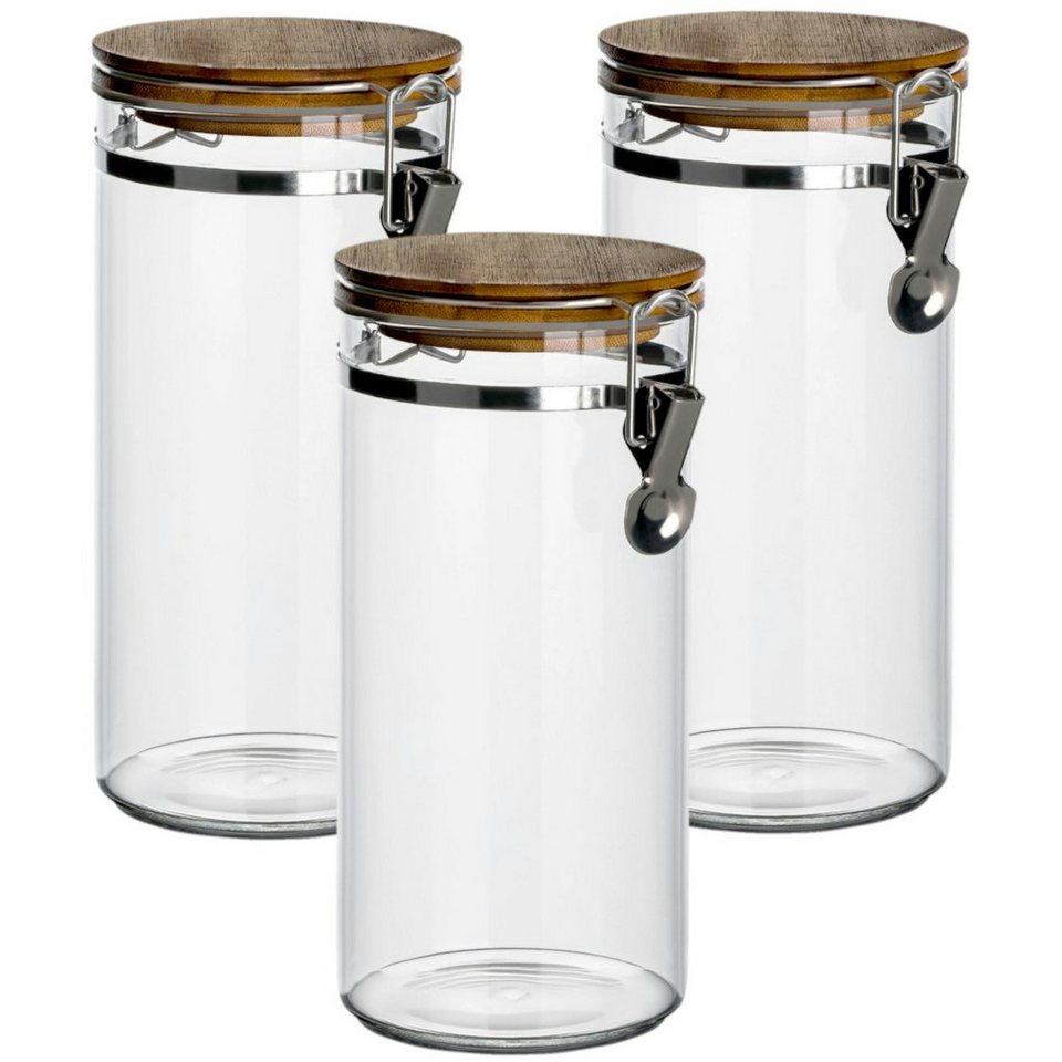 gouveo Vorratsglas 1200 ml aus Borosilikatglas mit Bügelverschluss - Glas-Vorratsdosen,  (3-tlg), mit Holzdeckel, luftdicht, robust