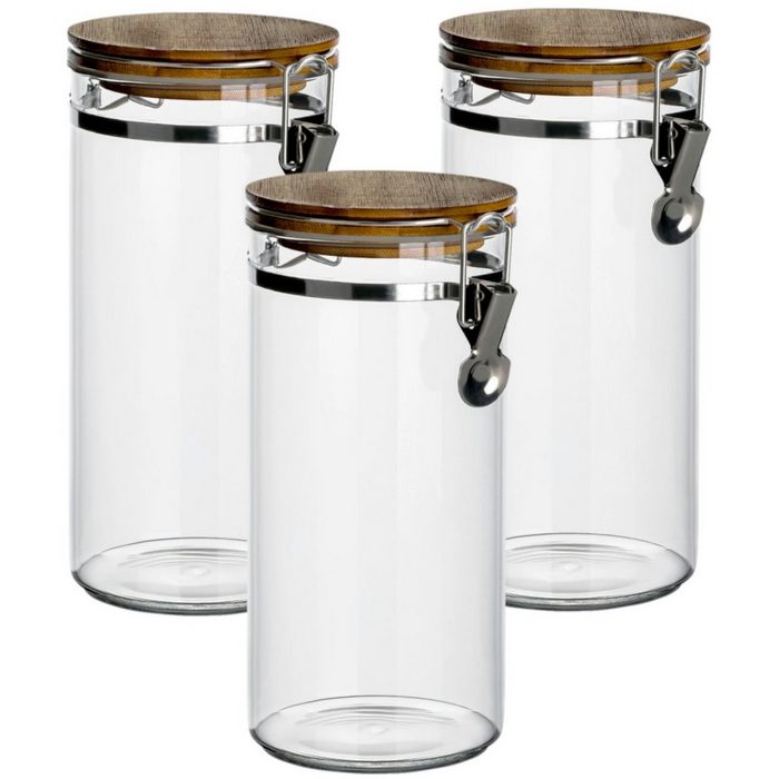 gouveo Vorratsglas 1200 ml aus Borosilikatglas mit Bügelverschluss - Glas-Vorratsdosen (3-tlg) mit Holzdeckel luftdicht robust