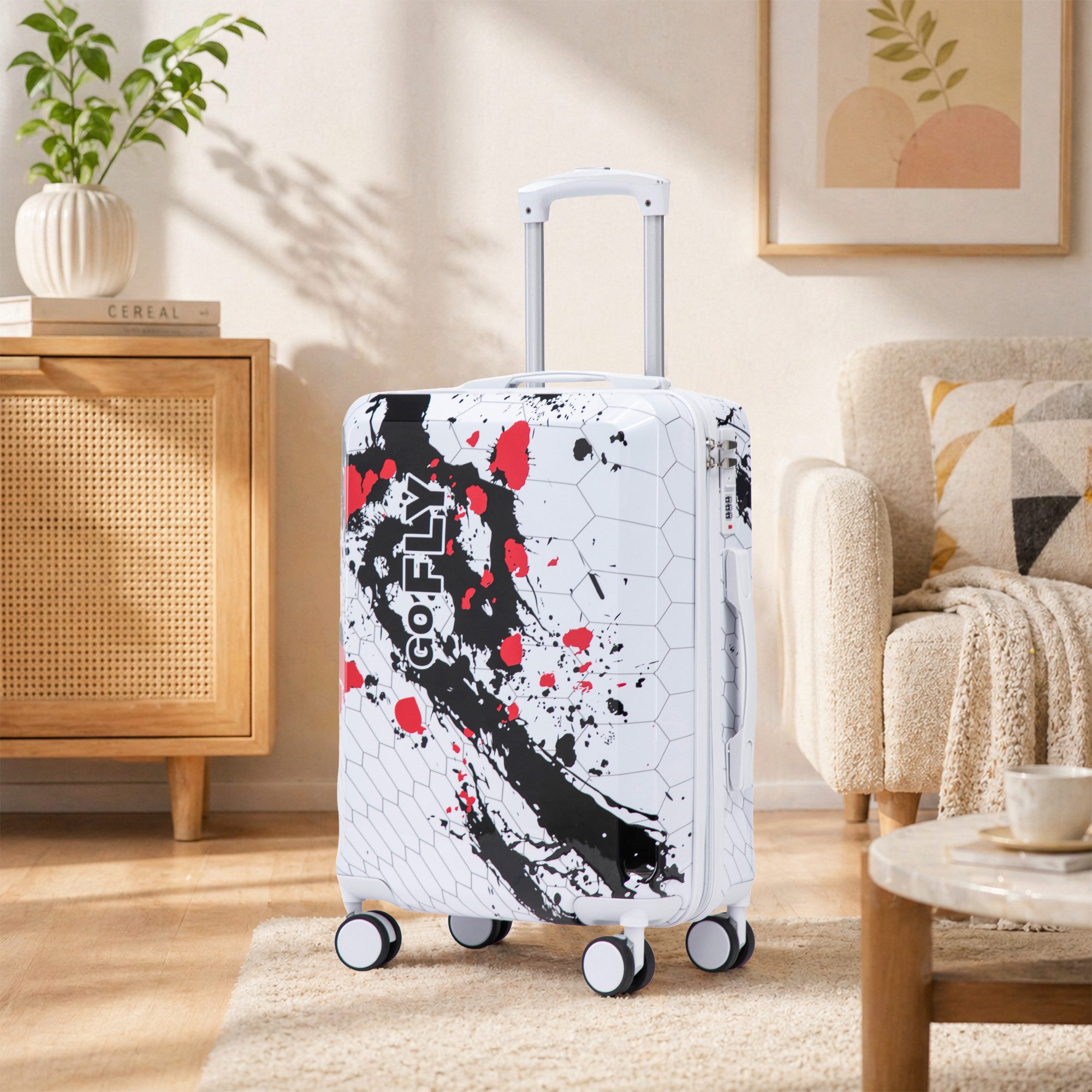 REDOM Kofferset mit Musterdruck, 4 Rollen, (Handgepäck‑Koffer mit bedrucktem Muster und Zahlenschloss, 1 tlg., 39*22.5*55.5cm), PC‑Spinner‑Rad‑Koffer