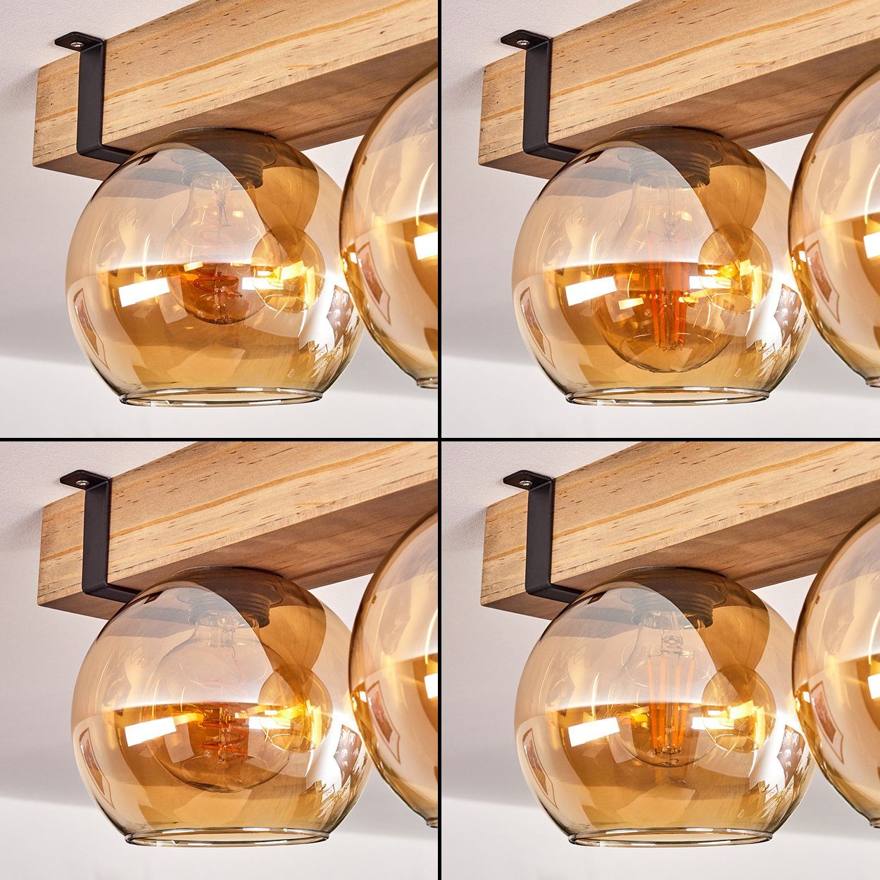 Deckenlampe hofstein in E27, Ø15cm, ohne Holzbalken Leuchtmittel 2x Leuchtmittel, Schwarz/Natur/Bernsteinfarben, Deckenleuchte Glasschrimen ohne aus und Metall/Holz/Glas