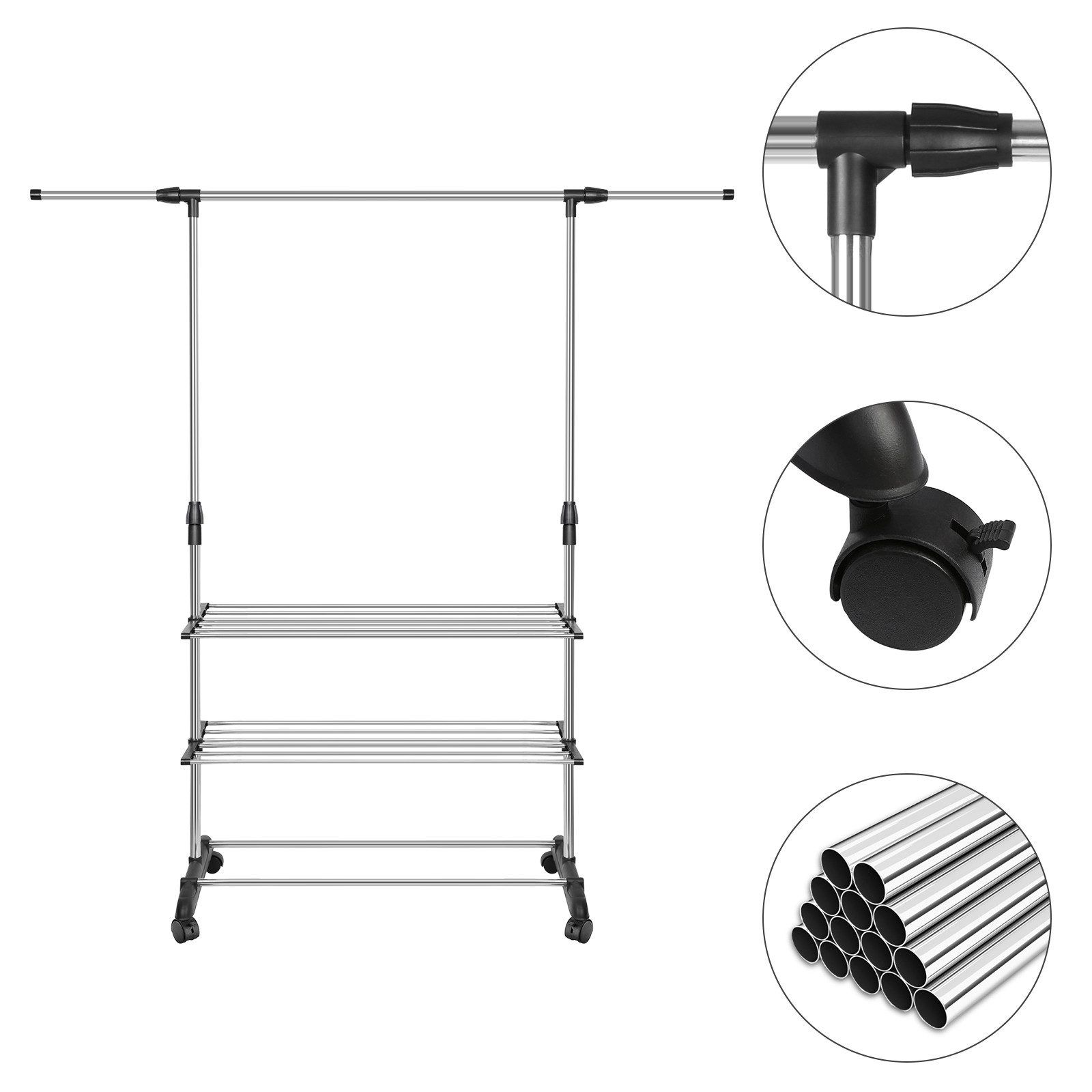 JEOBEST Kleiderständer Kleiderstange Stabil mit 3 Lagen Staufächer, Höhenverstellbar, Garderobenständer auf rollen 43x164x158cm