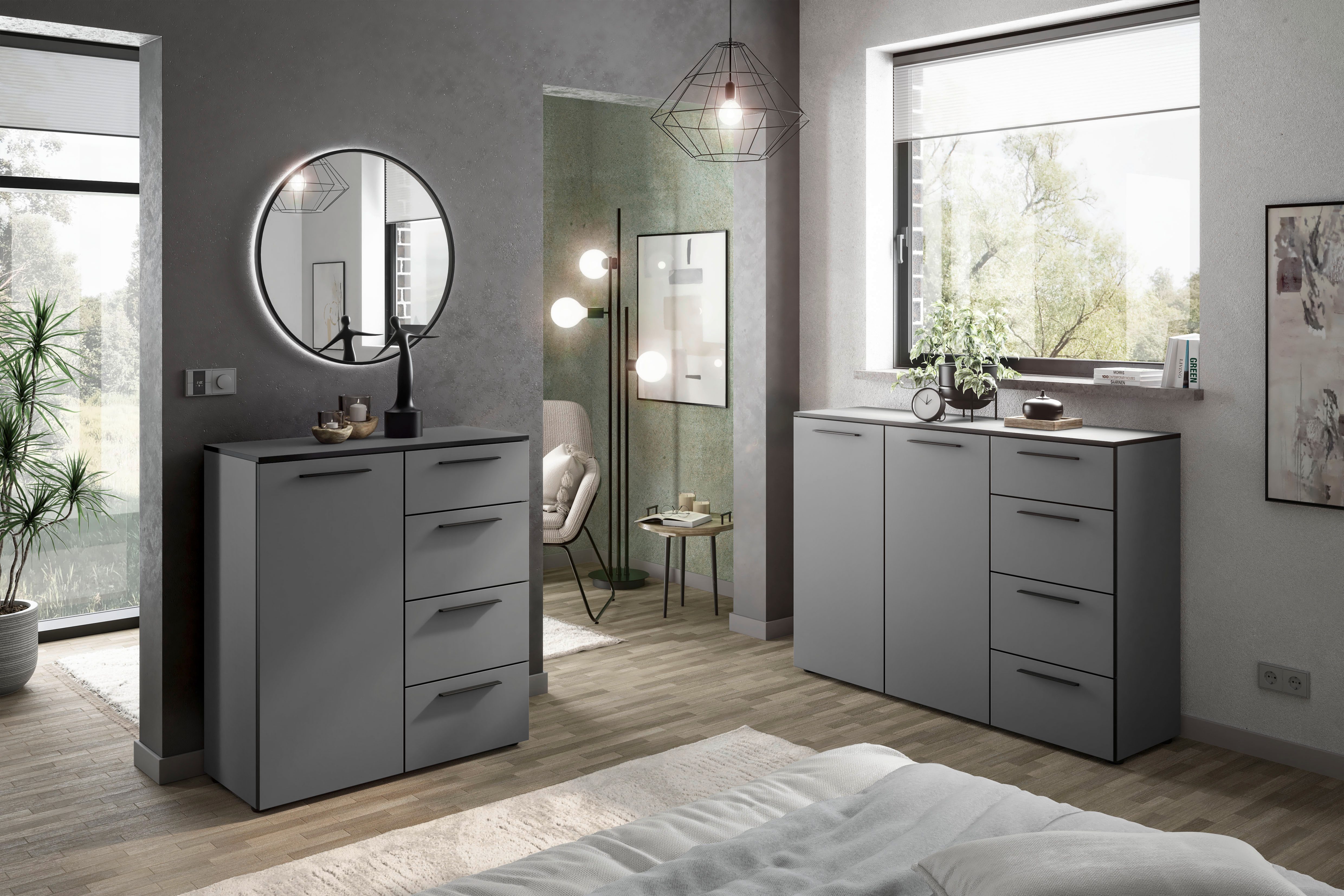 Manjana Möbel Kommode mit Schwarz matten Metallgriffen in verschiedenen Ausführungen, mit Soft-Close-Funktion, mit melaminbeschichteter Oberfläche