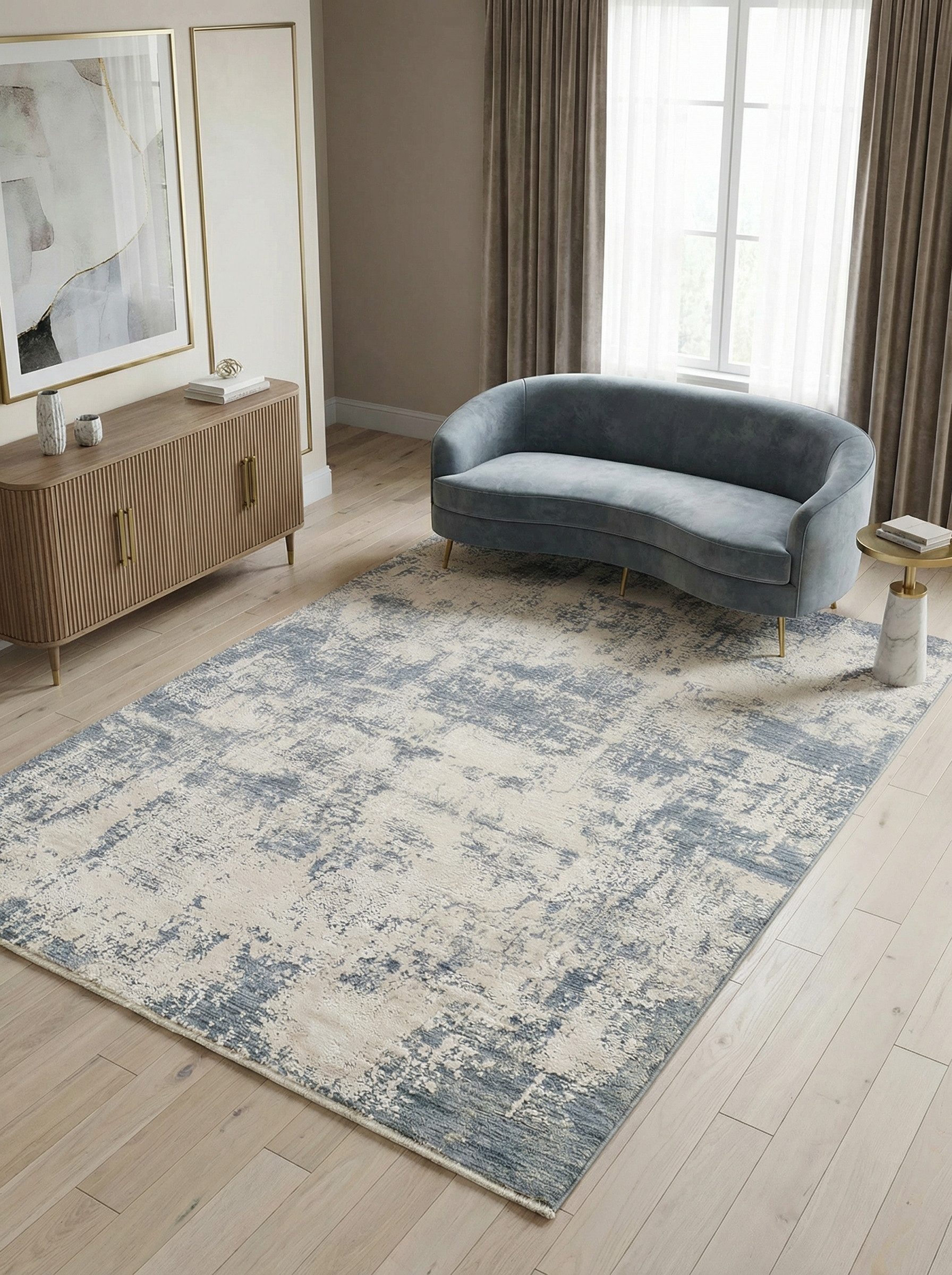 KADIMA DESIGN Teppich Abstrakter Veloursteppich, Naturtöne (Beige/Hellblau), Pflegeleicht, Rechteckig, Höhe: 18 mm, Rutschfester Baumwollrücken, Schallabsorbierend, Pflegeleicht