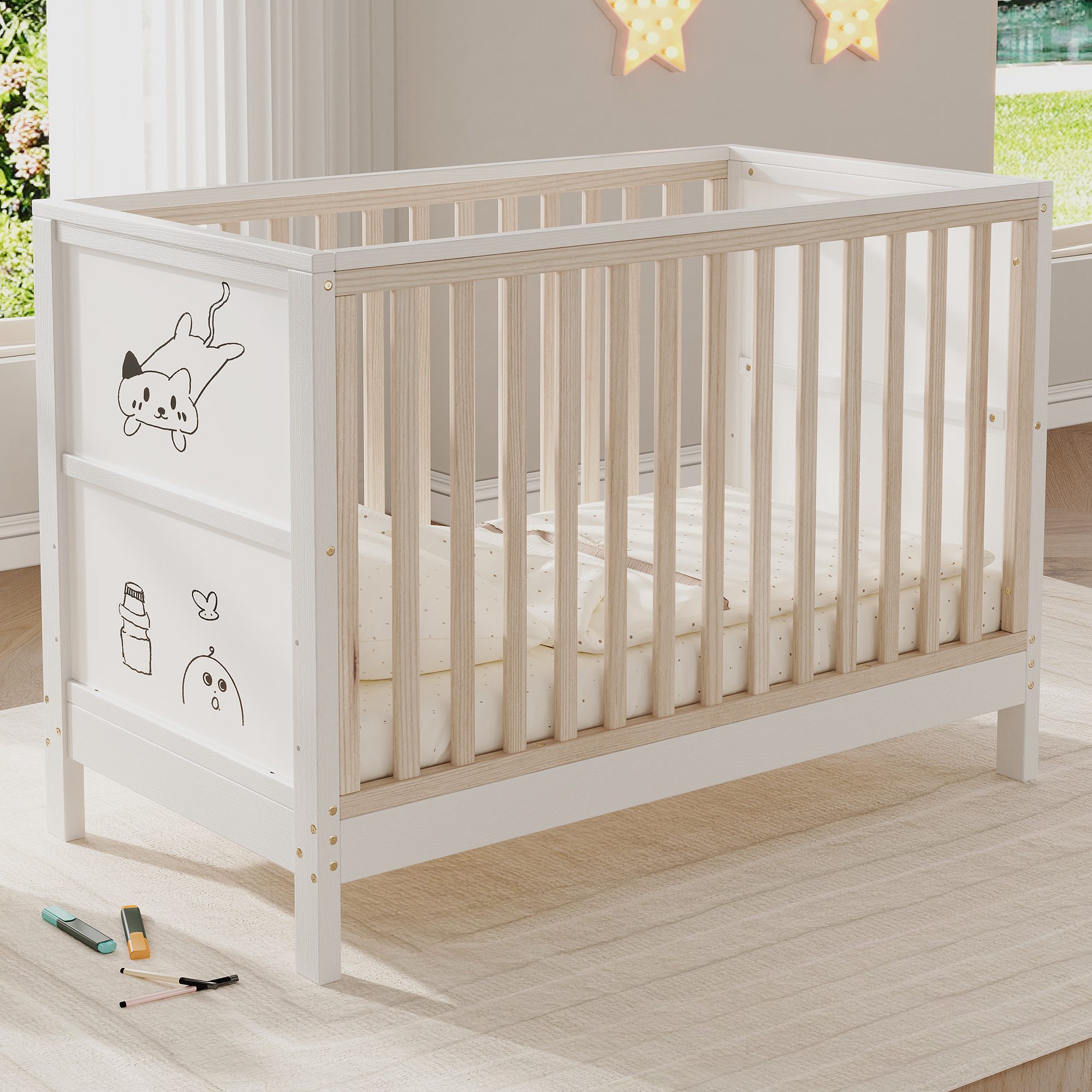 HAUSS SPOLE Babybett mit bemalbaren Tafeln,Beistellbett höhenverstellbar und umwandelbar, umschaltbar zum Beistellbett