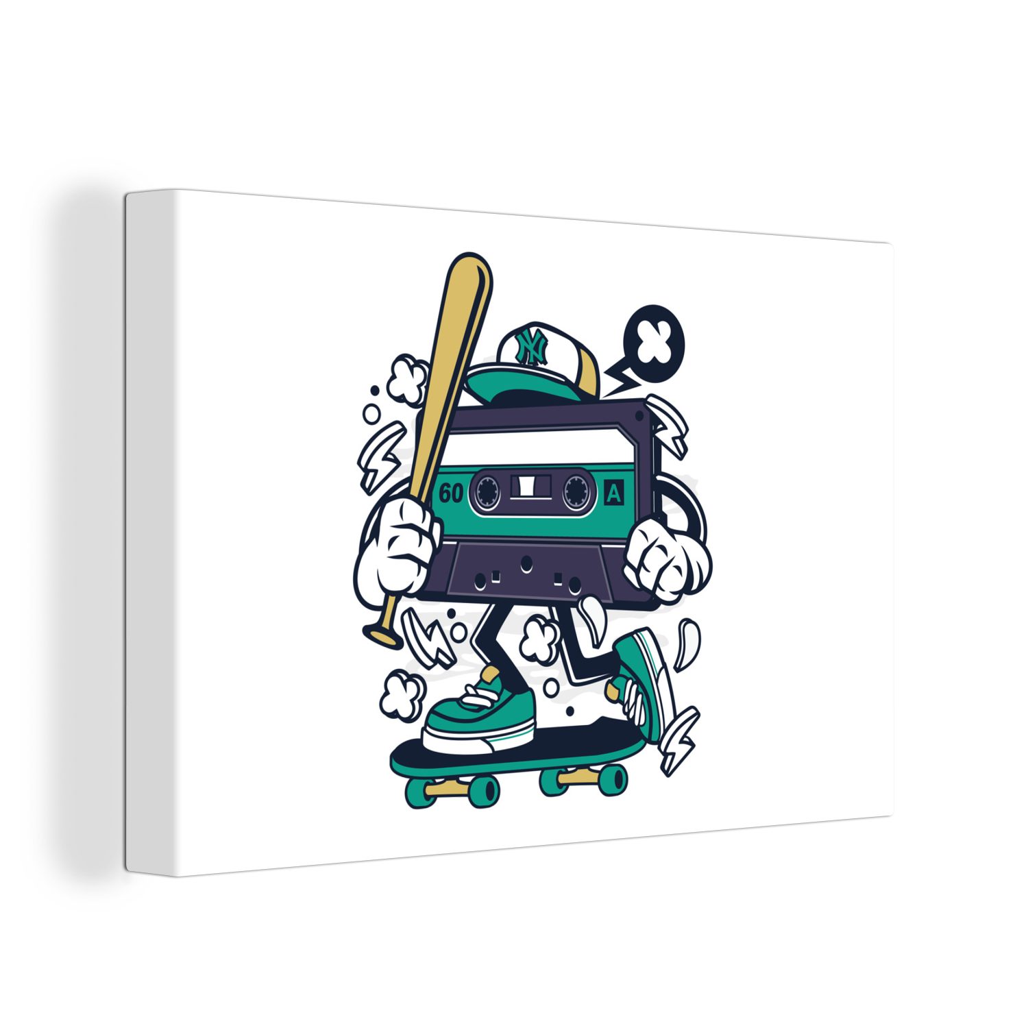 OneMillionCanvasses® Leinwandbild Kassettenkassetten - Baseballschläger - Skateboard - Vintage, (1 St), Wandbild Leinwandbilder, Aufhängefertig, Wanddeko, 30x20 cm