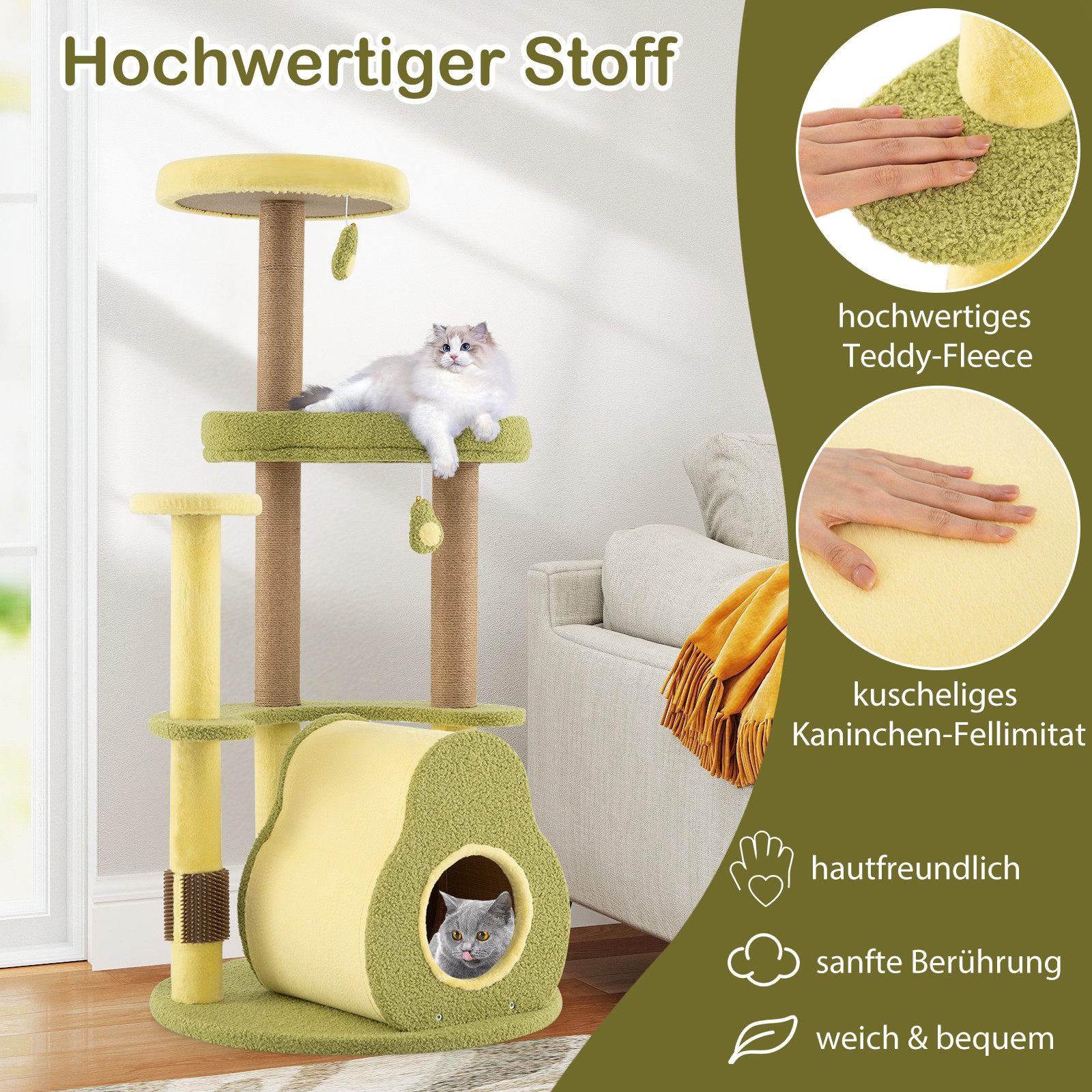KOMFOTTEU Kratzbaum, mit Katzenbett, 2 hängenden Bällen und 1 Bürste