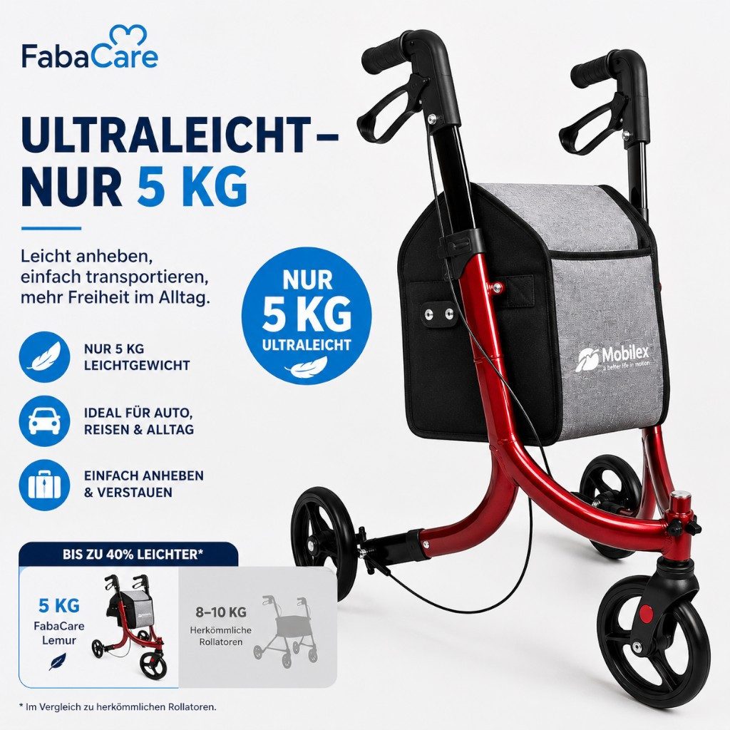 FabaCare Rollator FabaCare Lemur 3-Rad Leichtgewichtrollator, Deltarollator rot, lässt sich zusammenfalten