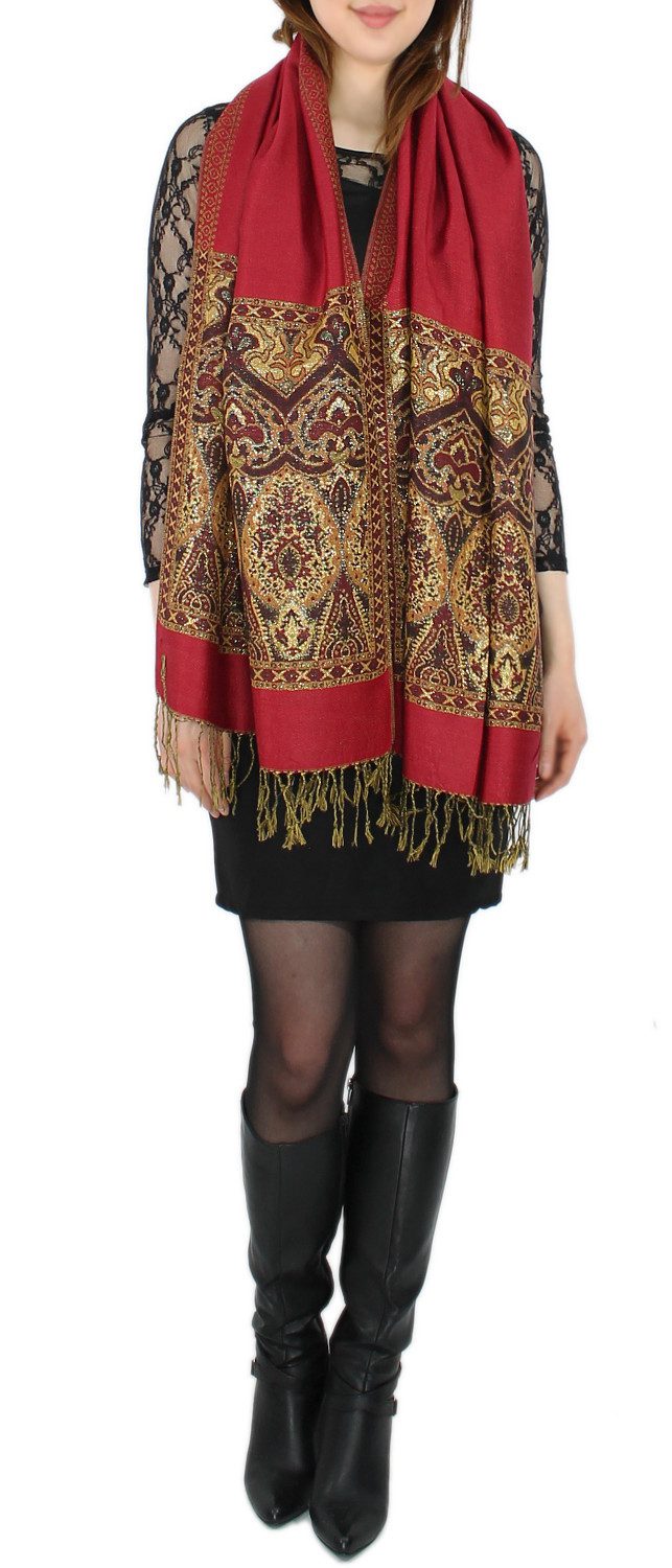 dy_mode Modeschal Elegante Damen Stola Schal Halstuch mit goldfarbenem Glanzfaden, mit Fransen
