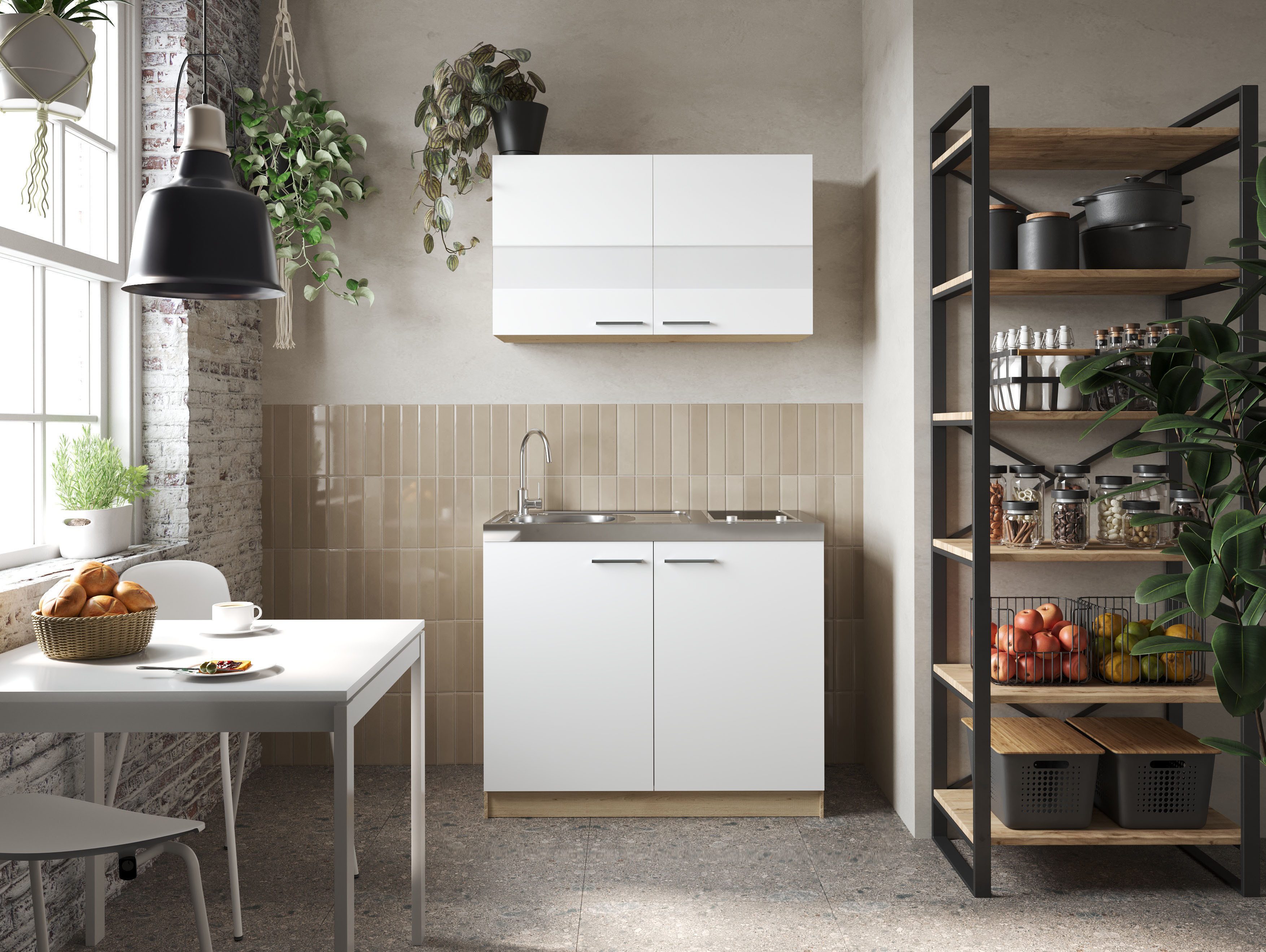 RESPEKTA Pantryküche Merle, Breite 100 cm, Soft-Close, Spülenabdeckung mit Glaskeramikkochfeld