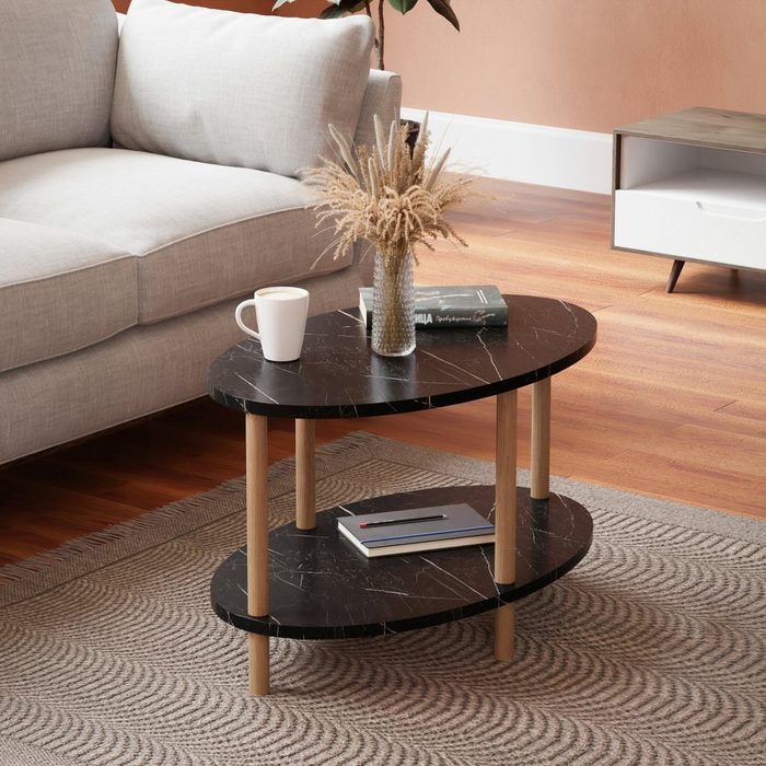 en.casa Couchtisch »Højreby« mit unterer Ablage Wohnzimmertisch Kaffeetisch 43 x 70 x 44 cm Sofatisch Oval Beistelltisch Marmor schwarz