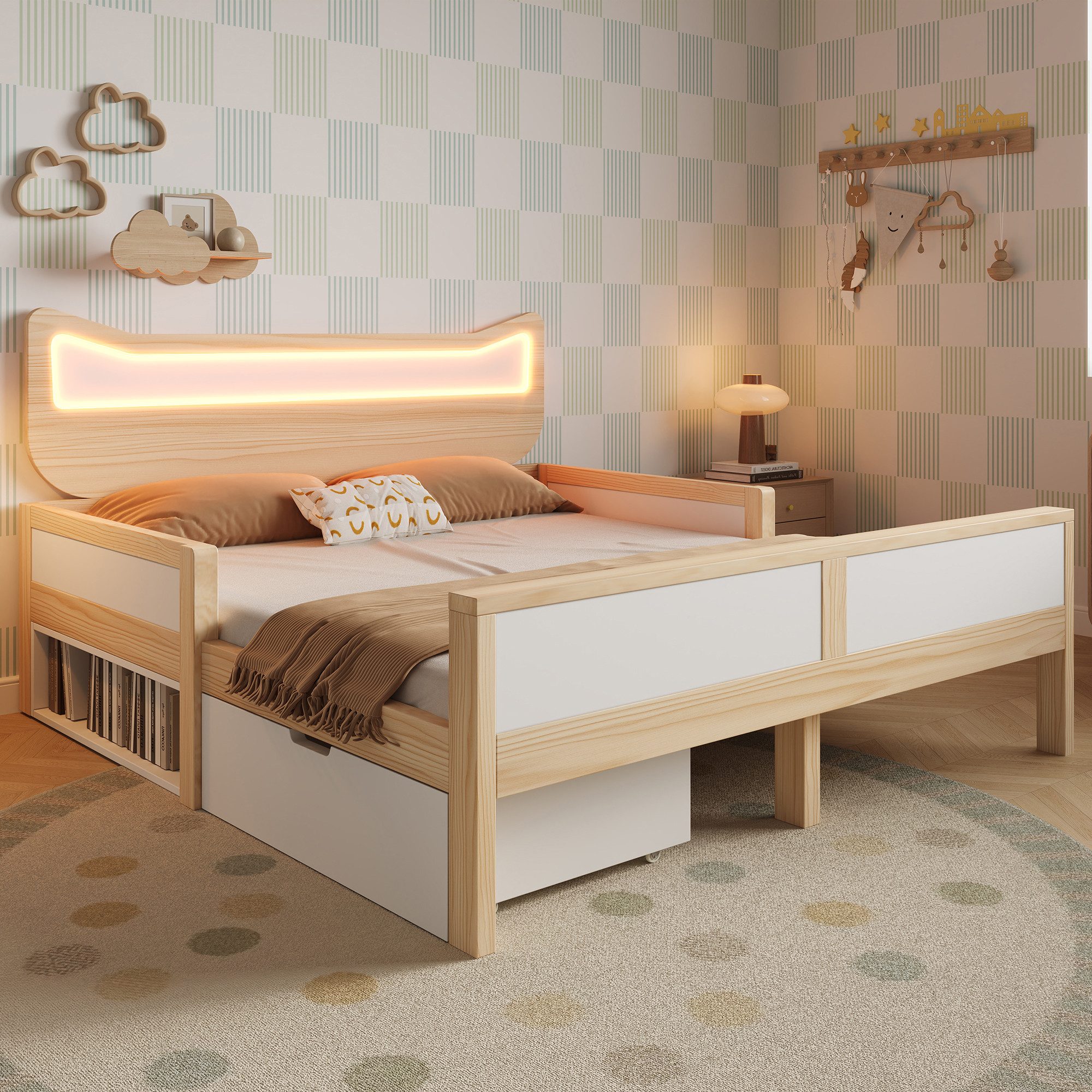 Flieks Kinderbett flexible Schublade & Staufach links/rechts montierbar, Massivholzbett 140×200 cm mit Katzenohren Kopfteil und LED‑Beleuchtung – Bild 2 von 5