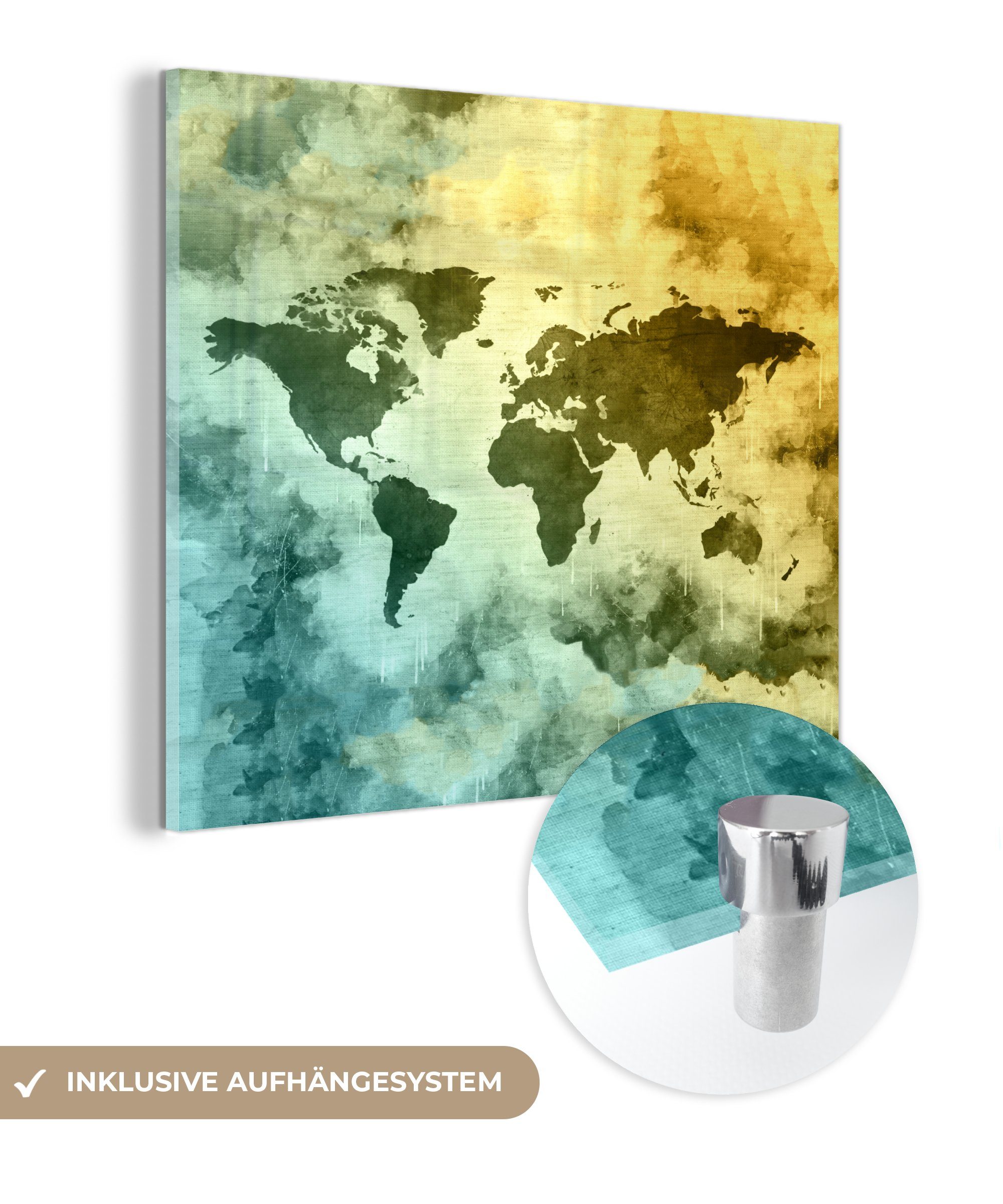 MuchoWow Acrylglasbild Weltkarte - Rauch - Farben, (1 St), Glasbilder - Bilder auf Glas Wandbild - Foto auf Glas - Wanddekoration