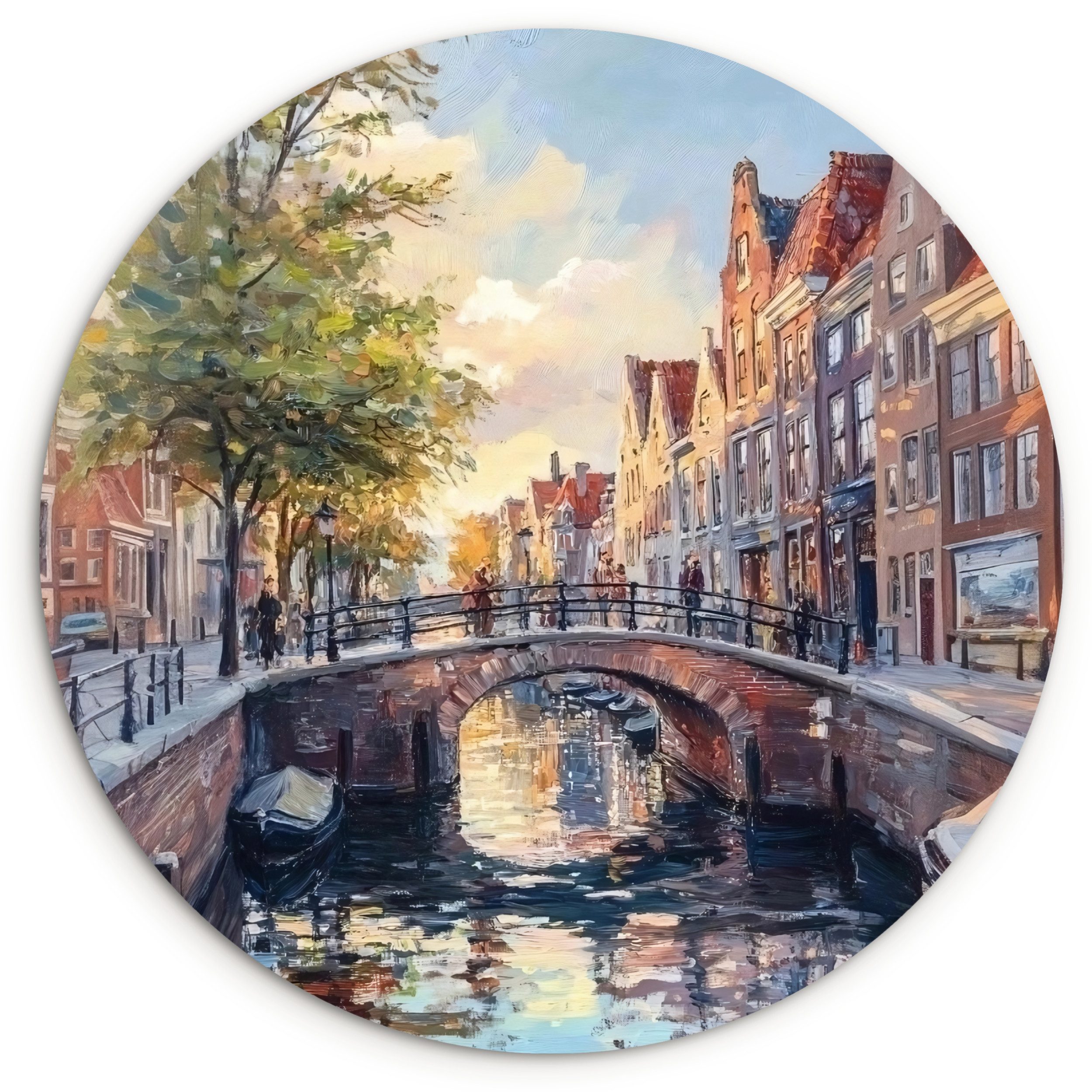 MuchoWow Gemälde Brücke - Stadt - Häuser - Boot, Fotodruck (1 St), Kreis Wanddekoration, Rundes Wandbild, 30x30 cm