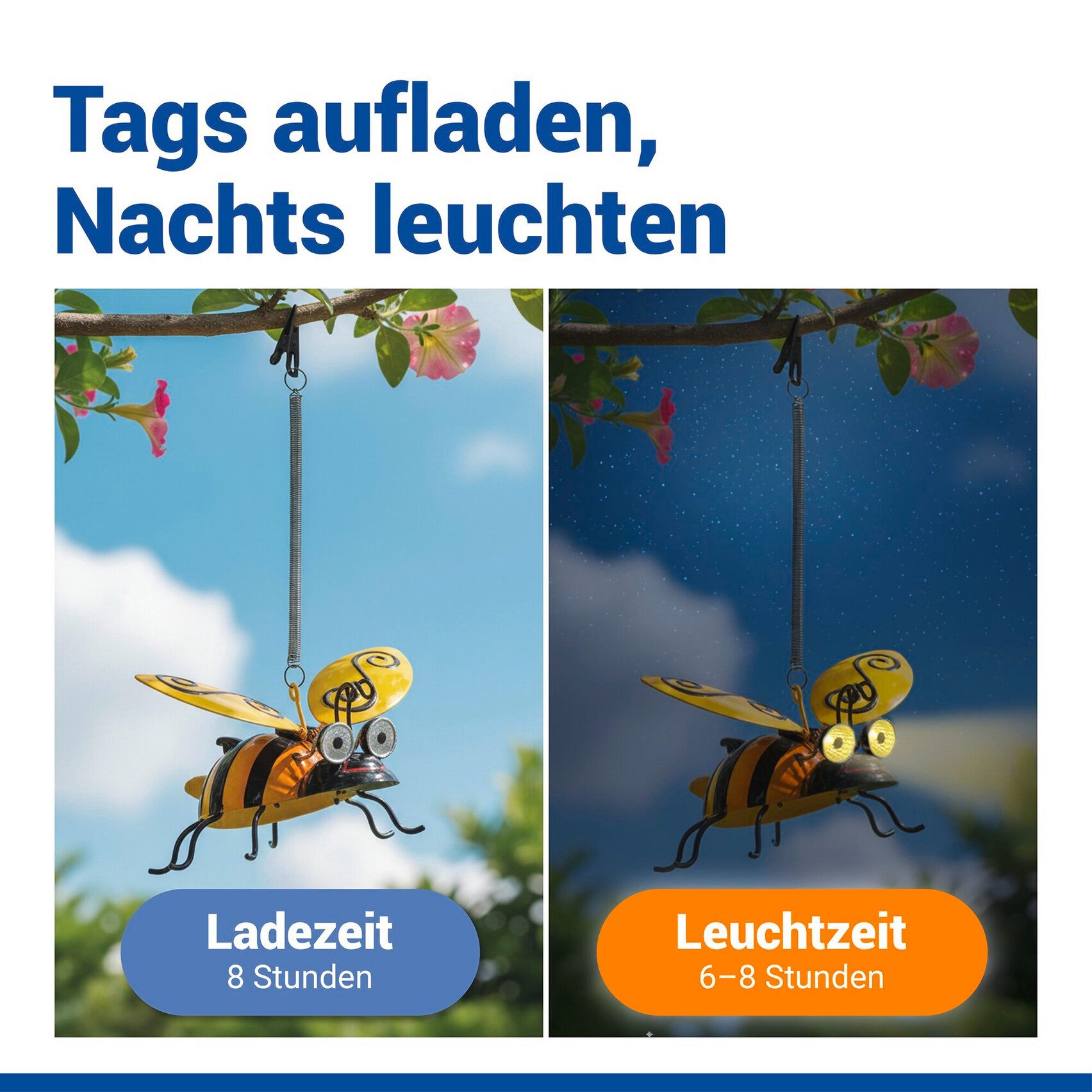 Maximex LED Gartenleuchte Modell Biene, Ein-/Ausschalter, LED fest integriert, Warmweiß, solarbetriebene Gartendekoration, leuchtet bis zu 8 Stunden