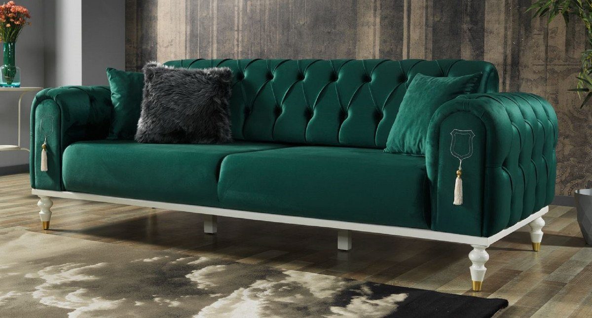 Casa Padrino Chesterfield-Sofa Luxus Chesterfield Schlafsofa Grün / Weiß / Gold 230 x 95 x H. 83 cm - Wohnzimmer Sofa mit 3 Kissen - Luxus Wohnzimmer Möbel