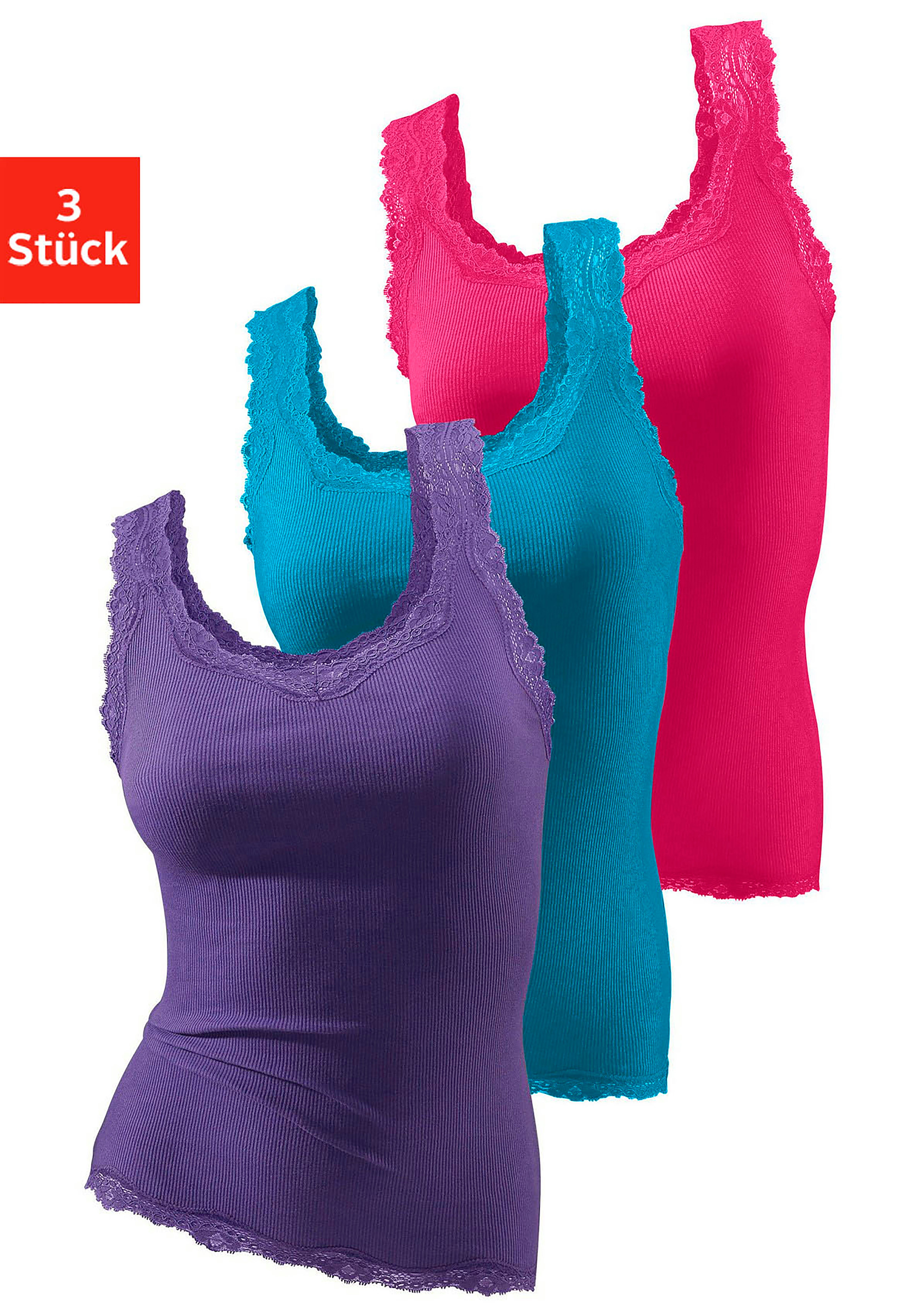 H.I.S Tanktop (3er-Pack) mit Spitze pink, petrol lila