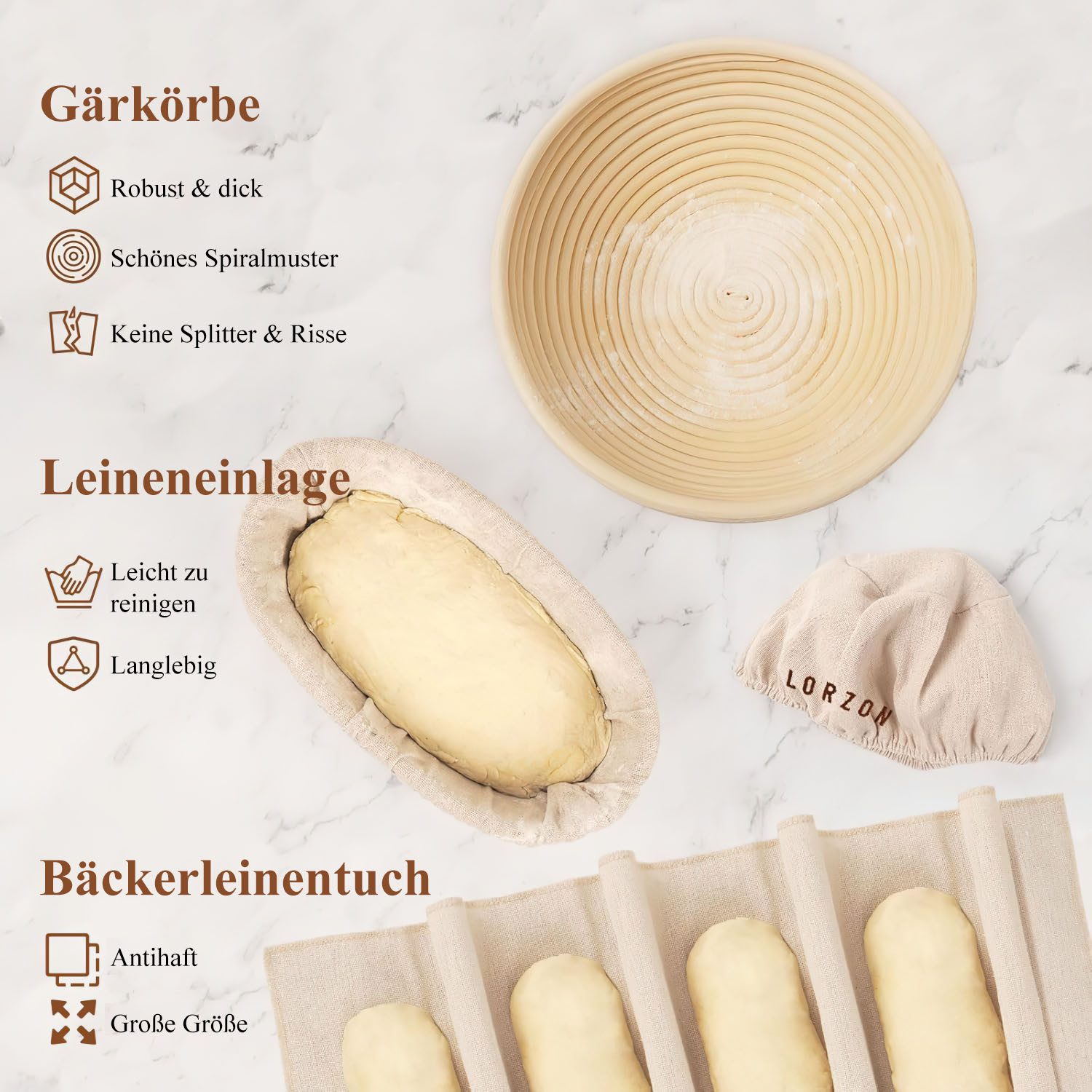 Refined Living Gärkorb Gärkorb zum Brotbacken Bäckermesser Brotbackform Gärkörbchen Oval, (Oval 25 cm und Rund 22cm Innen mit Leinentuch Nachhaltig und Natürlich 1-tlg), 10 stück Backen Zubehör Brotkorb Teigschneider Gärfolie Brot Rattan