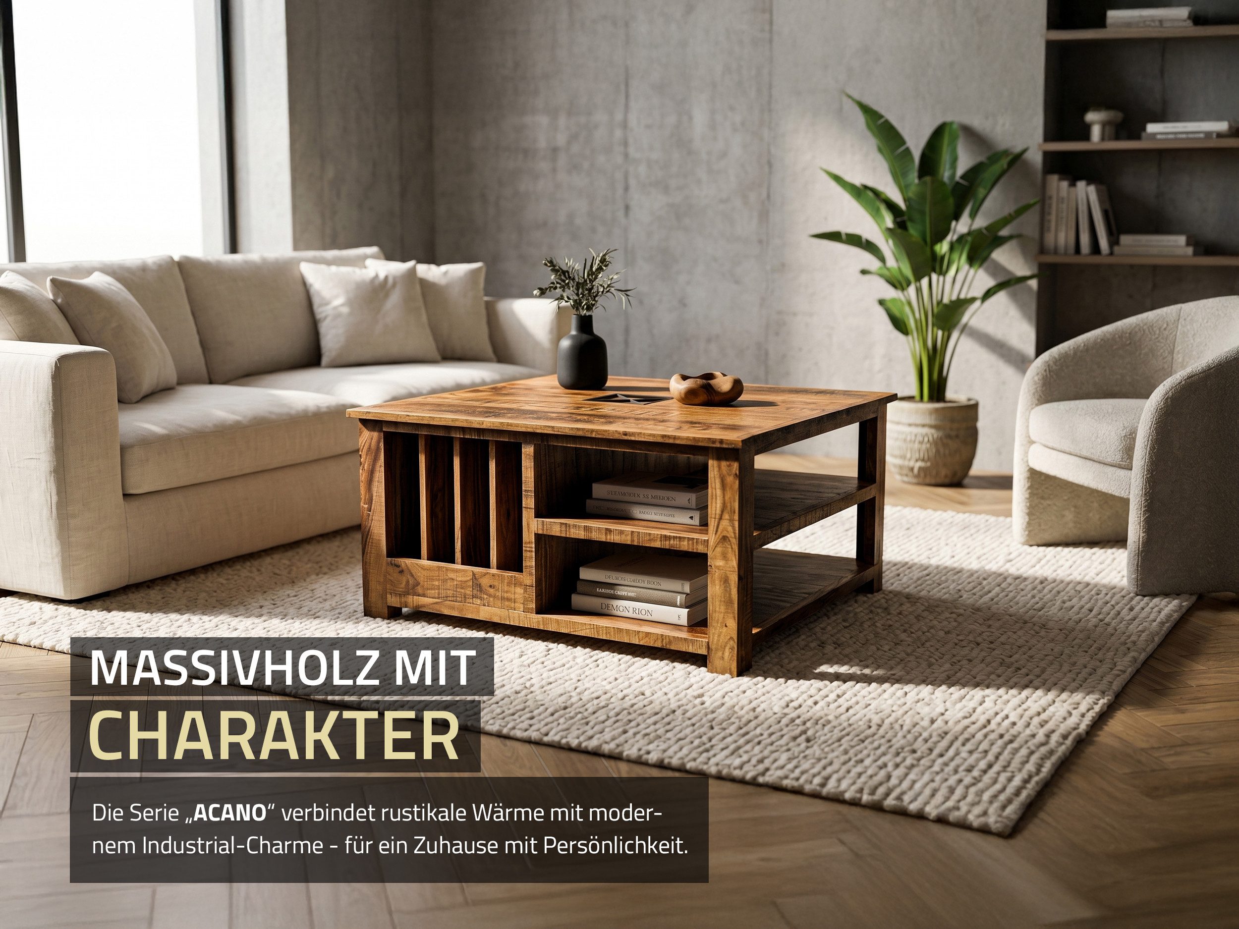 Massivart® Couchtisch Wohnzimmertisch, B 90 cm, Massivholz Akazie lackiert »ACANO«, montiert · 2 Ablageflächen · 4 offene Fächer · viel Stauraum