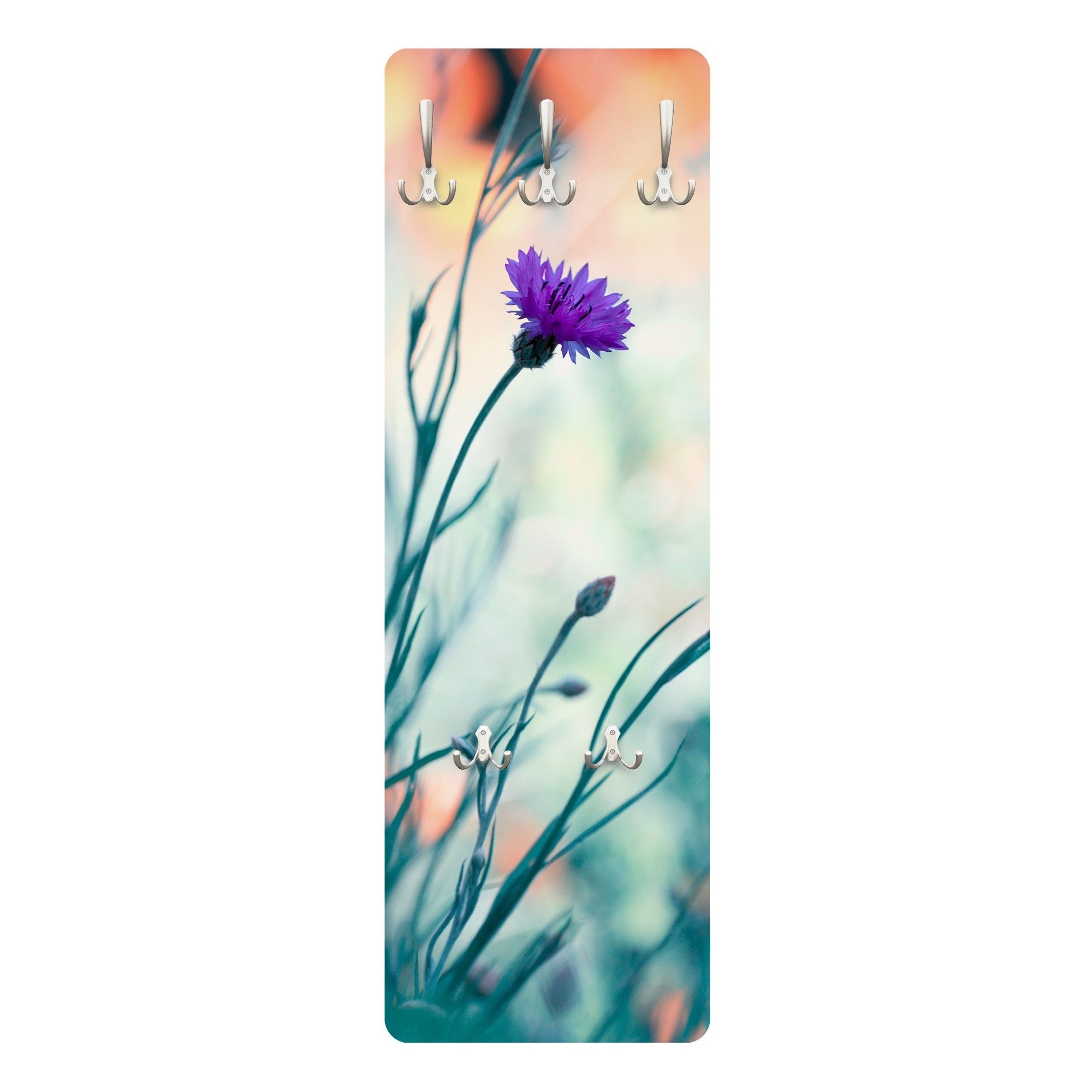 Bilderdepot24 Garderobenpaneel türkis Blumen Floral Kornblumen Design (ausgefallenes Flur Wandpaneel mit Garderobenhaken Kleiderhaken hängend), moderne Wandgarderobe - Flurgarderobe im schmalen Hakenpaneel Design