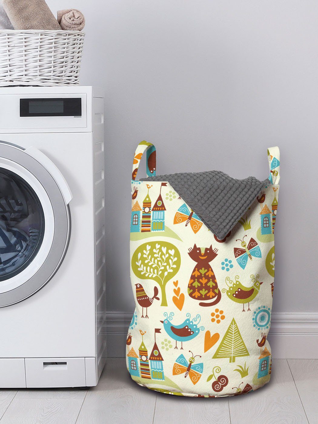Abakuhaus Wäschesäckchen Wäschekorb mit Griffen Vögel Schmetterling für Waschsalons, Katzen Kordelzugverschluss Katzen