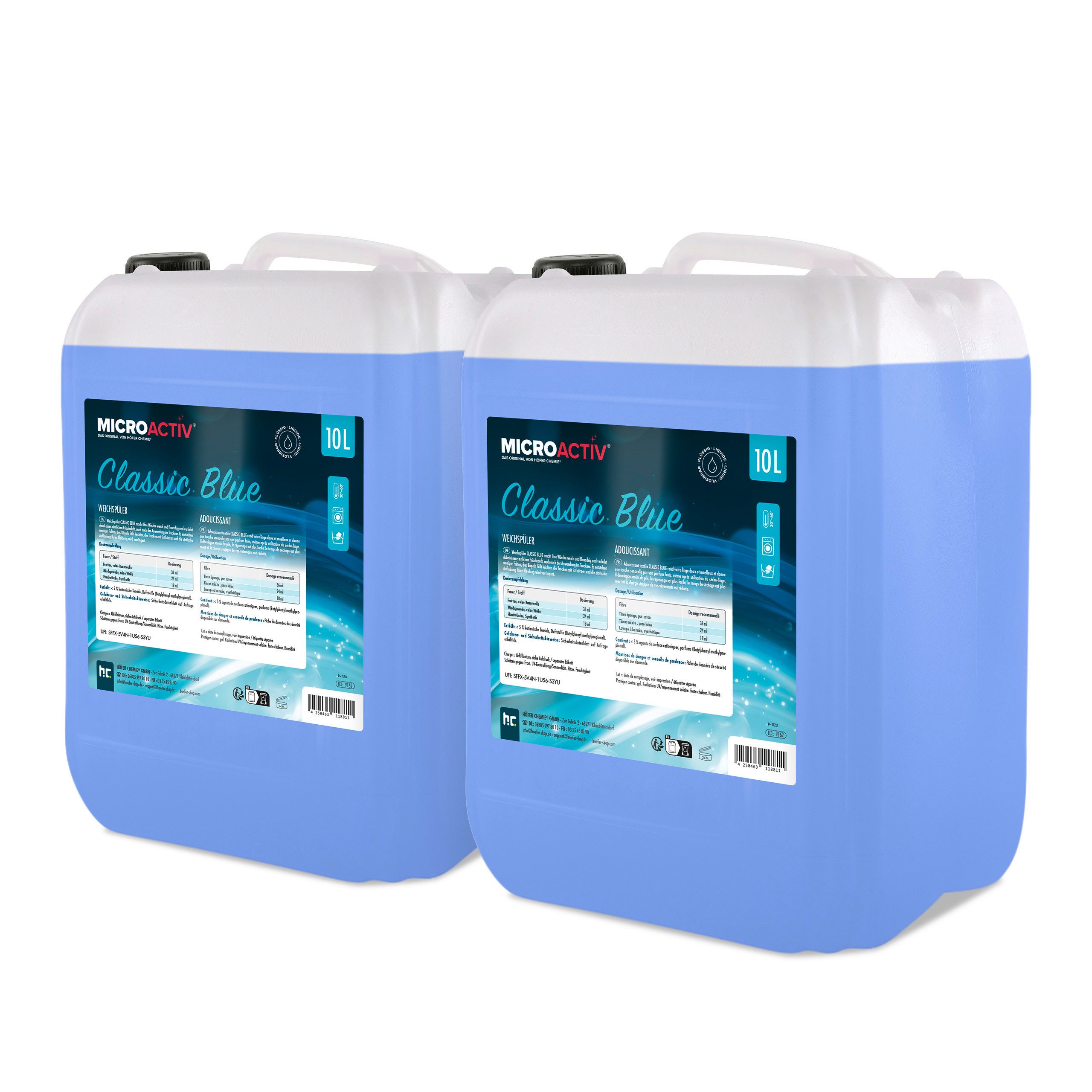 Höfer Chemie GmbH 2x 10 L Microactiv® Weichspüler Classic Blue Grundreiniger (Weiche Wäsche mit frischem Duft)