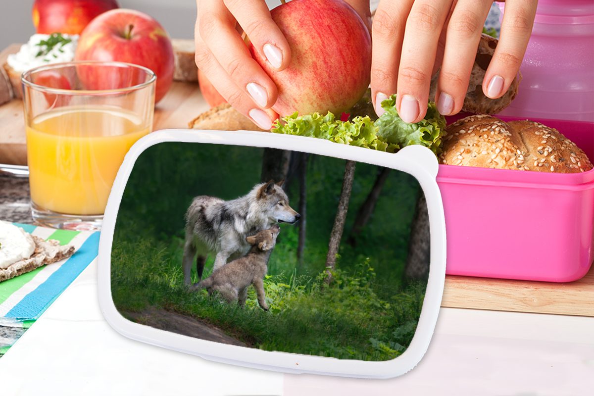 MuchoWow Kunststoff rosa Wald, für Lunchbox Baby Mädchen, Brotbox Brotdose Erwachsene, Snackbox, Kunststoff, - (2-tlg), Kinder, Wolf -