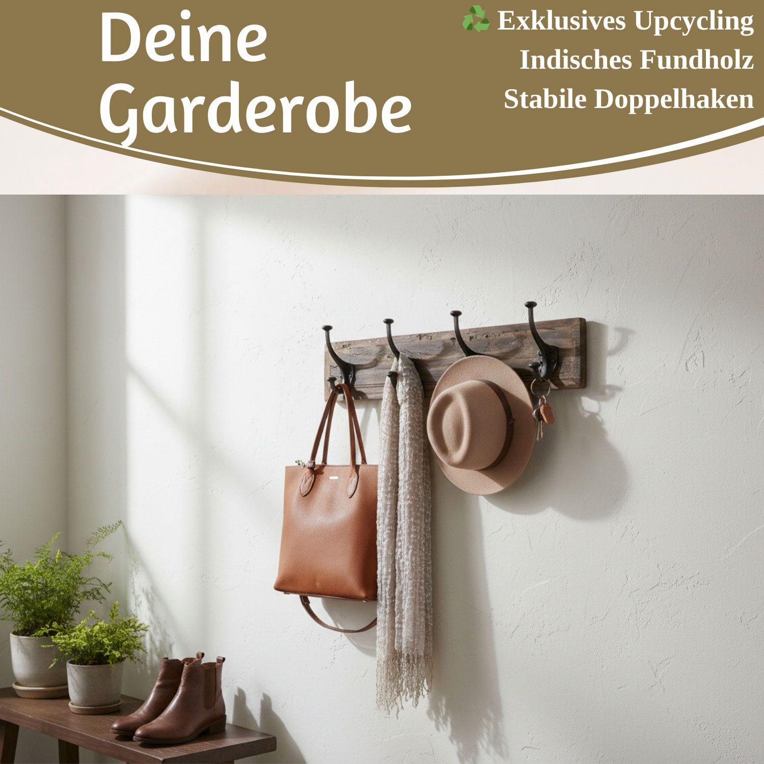 LS-LebenStil Wandgarderobe Vintage Teakholz Braun 50cm Garderobenleiste Garderobenhaken Garderobe (Nachhaltige Wandgarderobe 4 Haken 4-fach Doppelhaken -, Stabile Gusseisen Kleiderhaken Hakenleiste Mäntel Jacken), Serie Delhi, indisches Fundholz