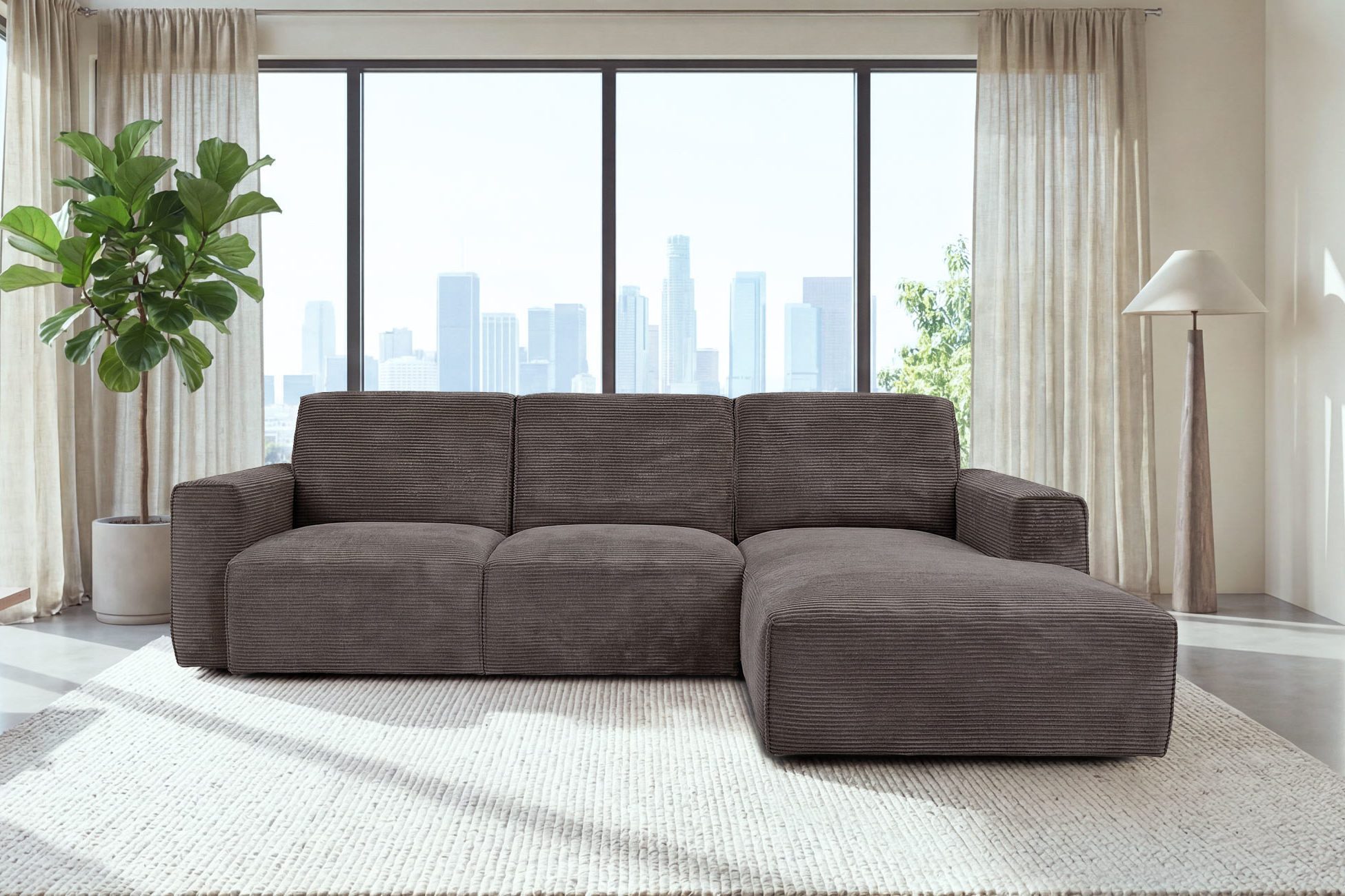 Hygger Möbelhaus Ecksofa Rio Ecksofa L-Form Cord XXL Big Sofa Wohnzimmer Modern, Wellenunterfederung, Cordstoff 90000 Scheuertouren, Made in Europe, Polsterecke L Form inkl. Ottomane Couch Groß Bequem Design