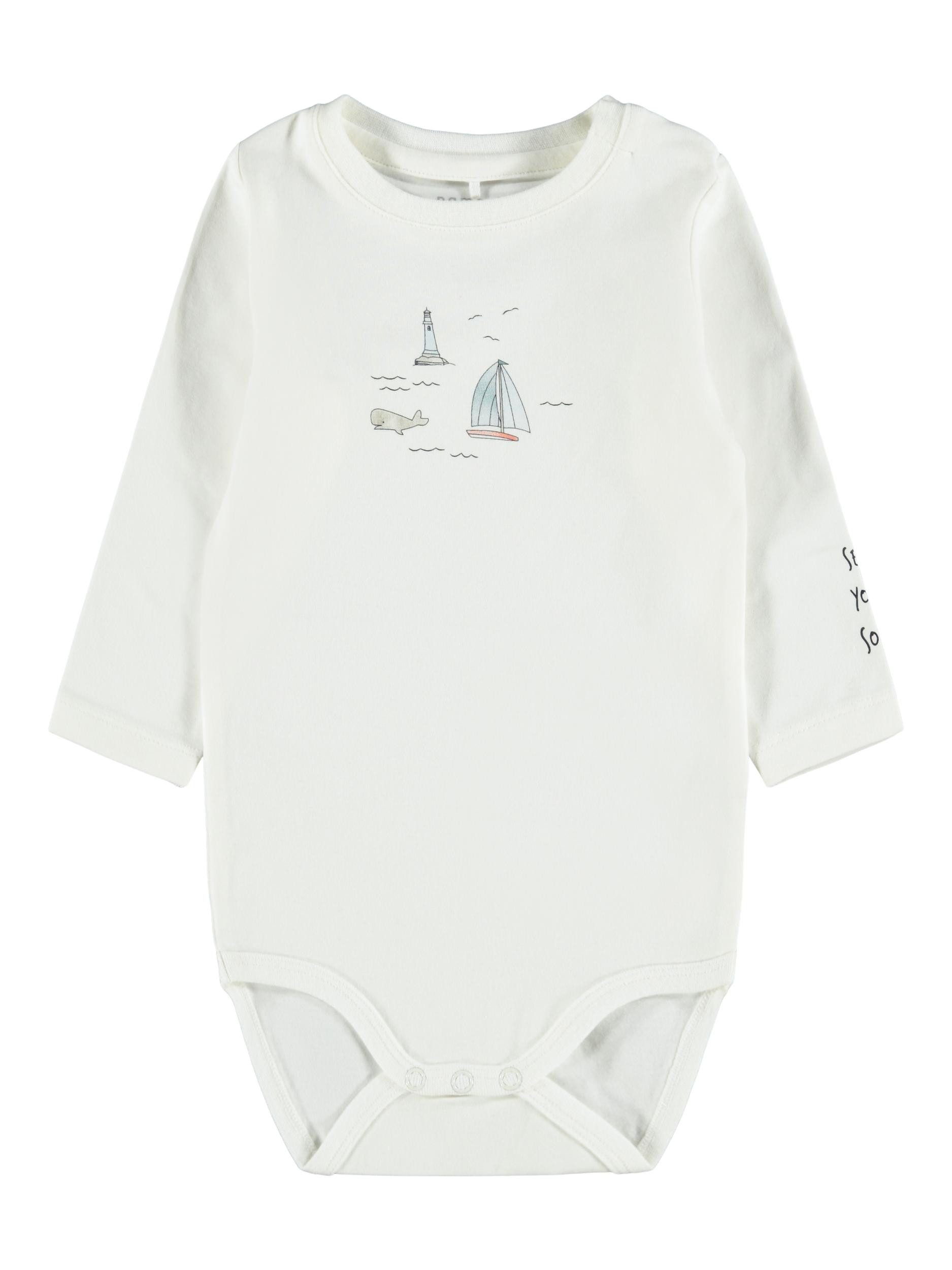 Name It Langarmbody Baby Unisex Segelboot Snow White 74 (1-tlg) mit Druckknöpfen im Schritt