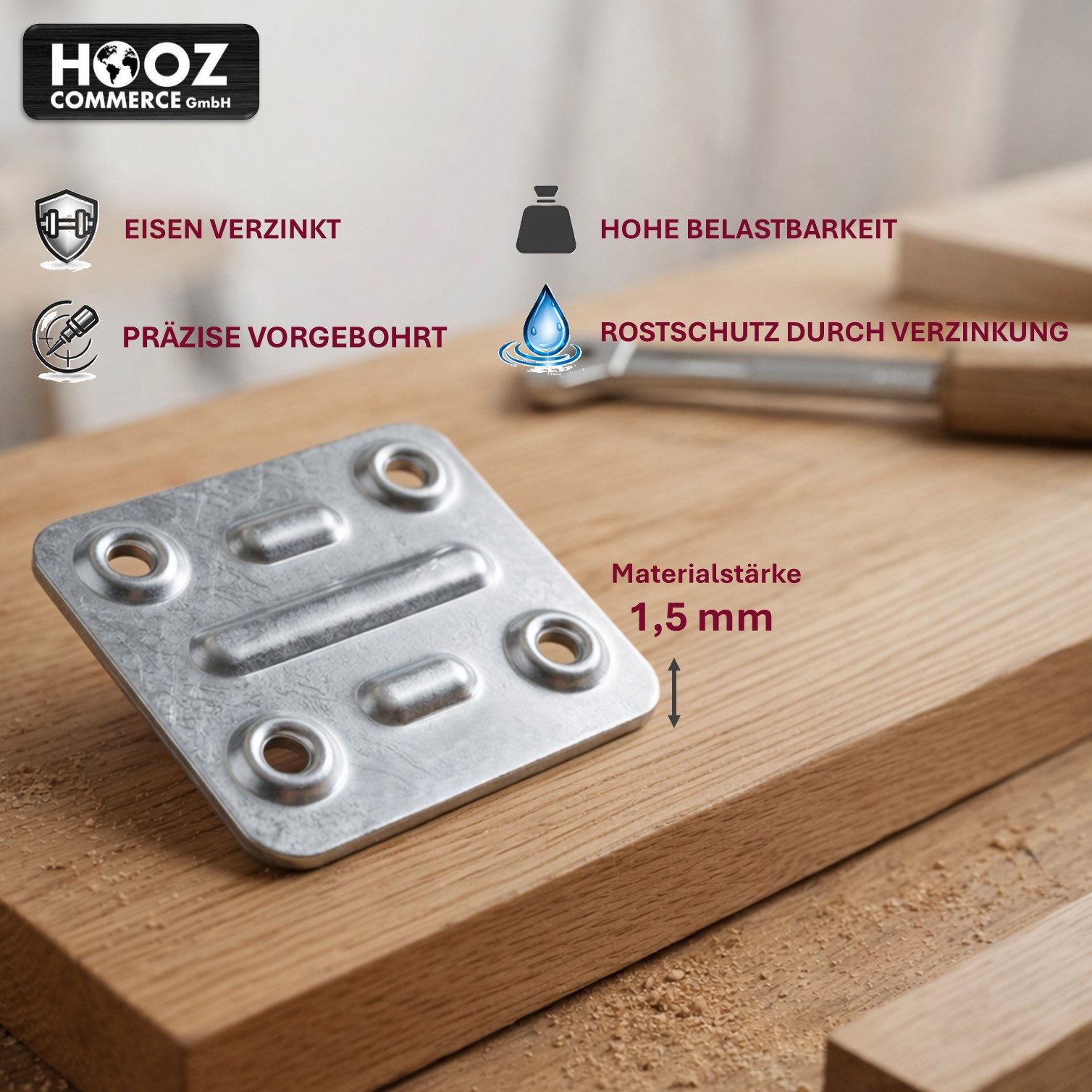 HOOZ Flachverbinder Holzverbinder Set verzinkt Flachwinkel Stuhlwinkel 50x40mm - 8 Stück, LxB: 50x40 mm, verzinkt, (Montageplatte für Holz, 8-St., 4-Loch-Befestigungsplatte), Stabile flache Verbindungsplatte rechteckig aus Stahl