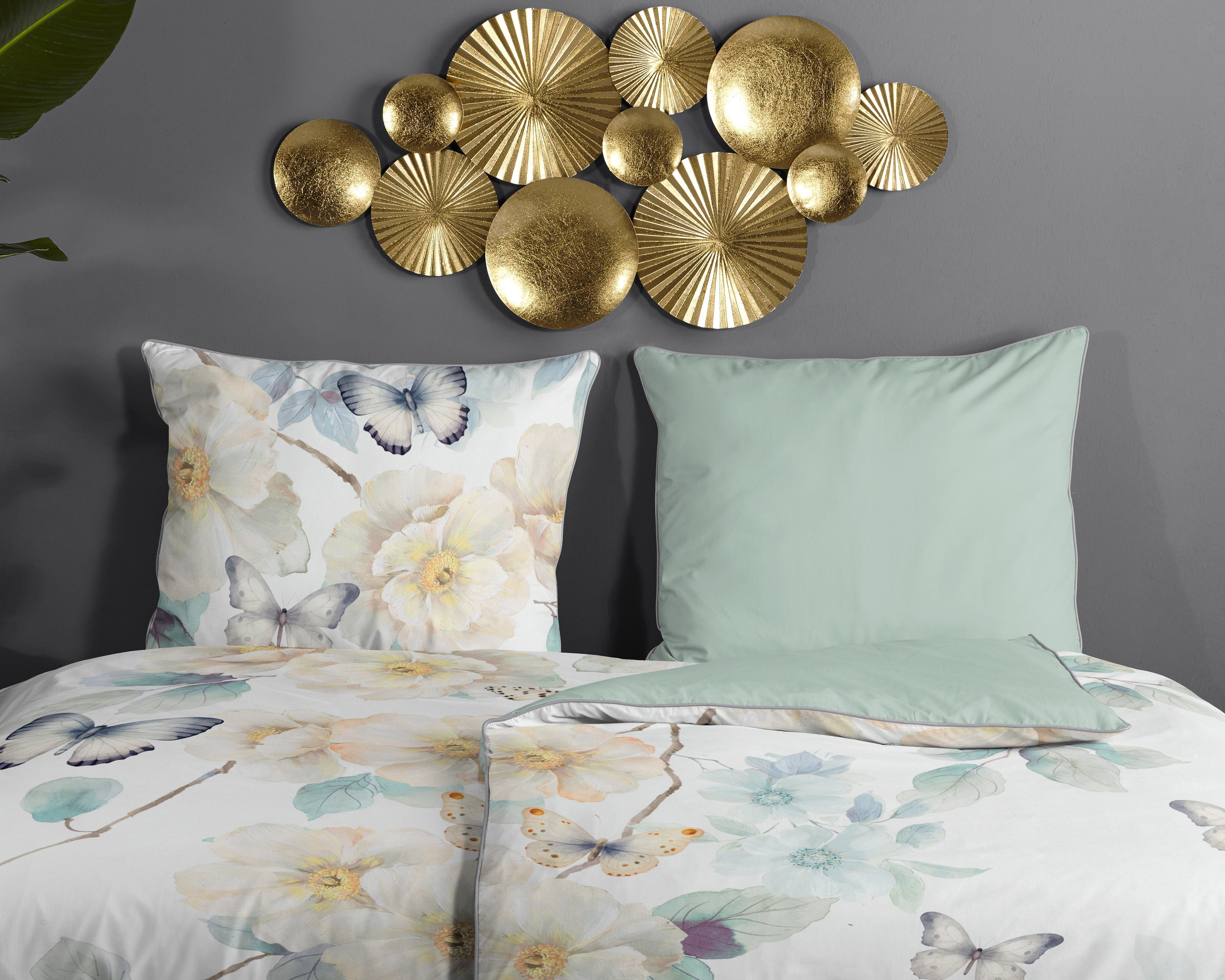 Descanso Wendebettwäsche Adiwanya, Mako-Satin, Renforcé, Satin, 2 teilig, Satin, Reißverschluss, Paspel, Biese, Wendeoptik, Luxe, Blumen, weiß