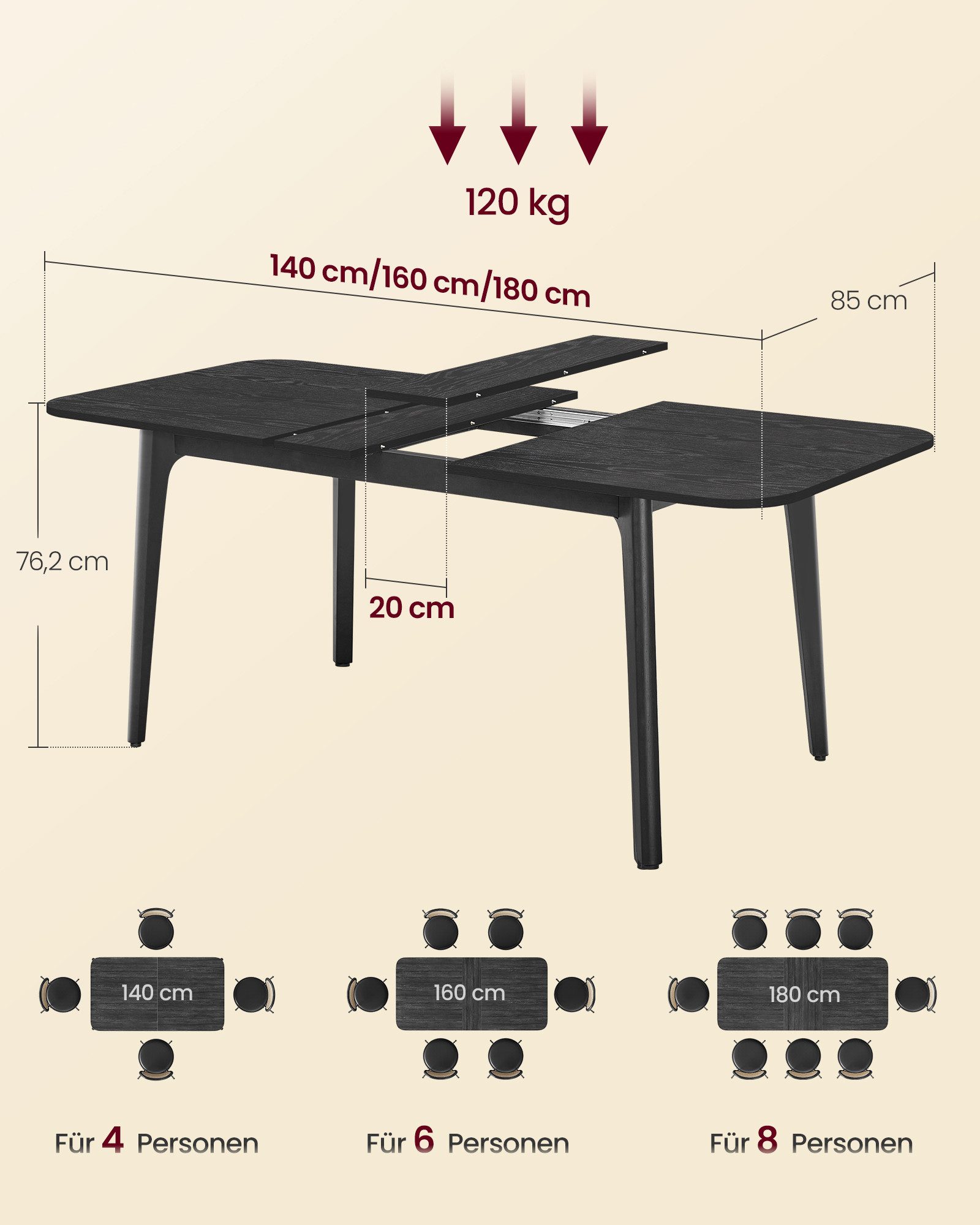 VASAGLE Esstisch Ausziehbarer Ess- und Küchentisch, mit erweiterbarer Tischplatte, 120 kg belastbar, schlichtes Design – Bild 3 von 5