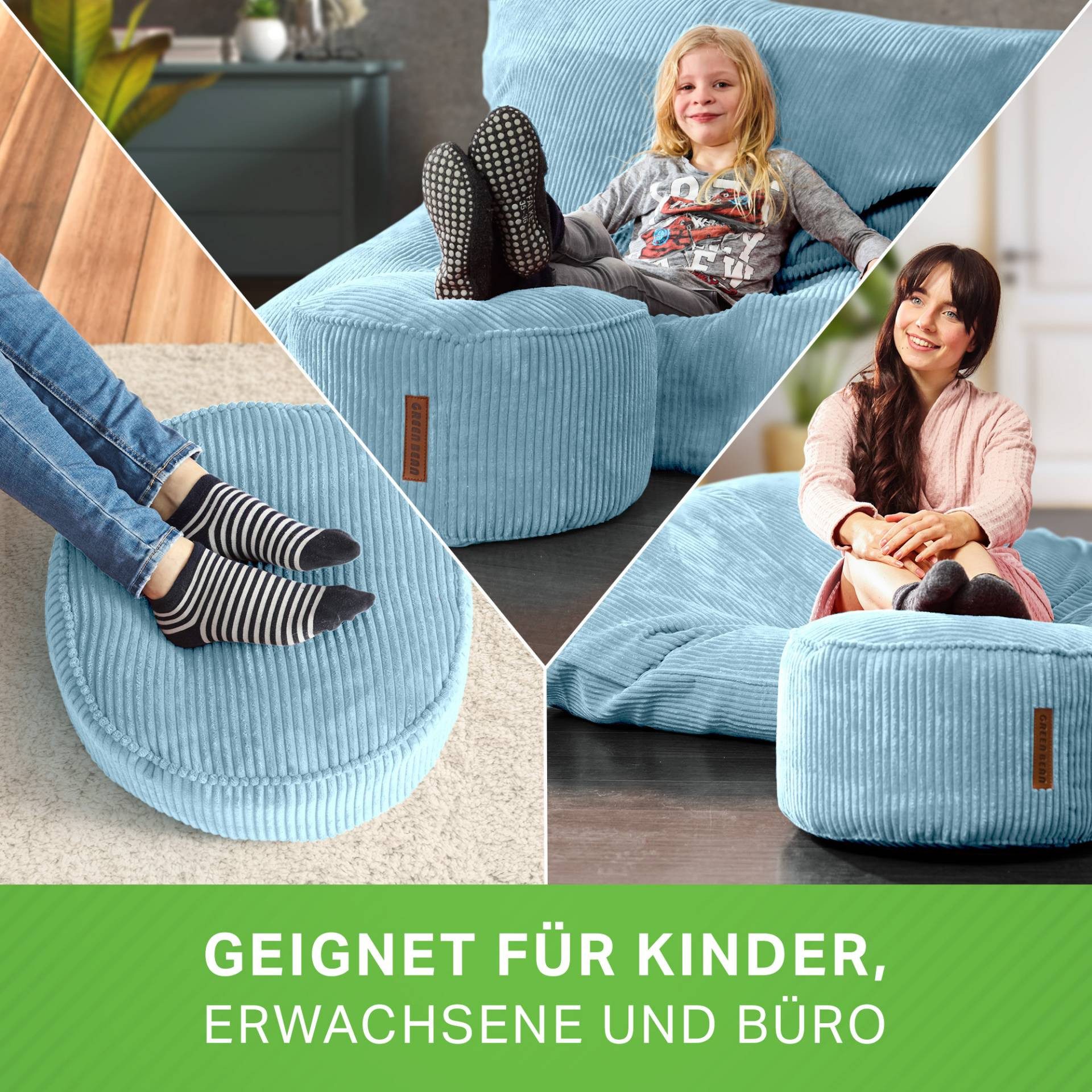 Green Bean Pouf Sitzsack-Hocker Pouf Cord 45x25cm (Indoor Sitzhocker Sitzkissen Fußhocker Relax-Sessel, Made in Germany), die ideale Ergänzung zum Sitzsack