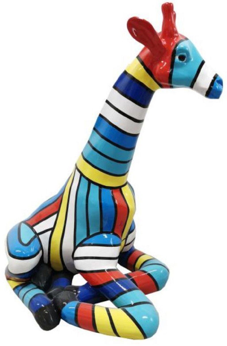 Skulptur Designer Deko Skulptur sitzende Giraffe mit Streifen Mehrfarbig H. 80 cm - Wetterbeständige Dekofigur - Wohnzimmer Garten Terrassen Deko