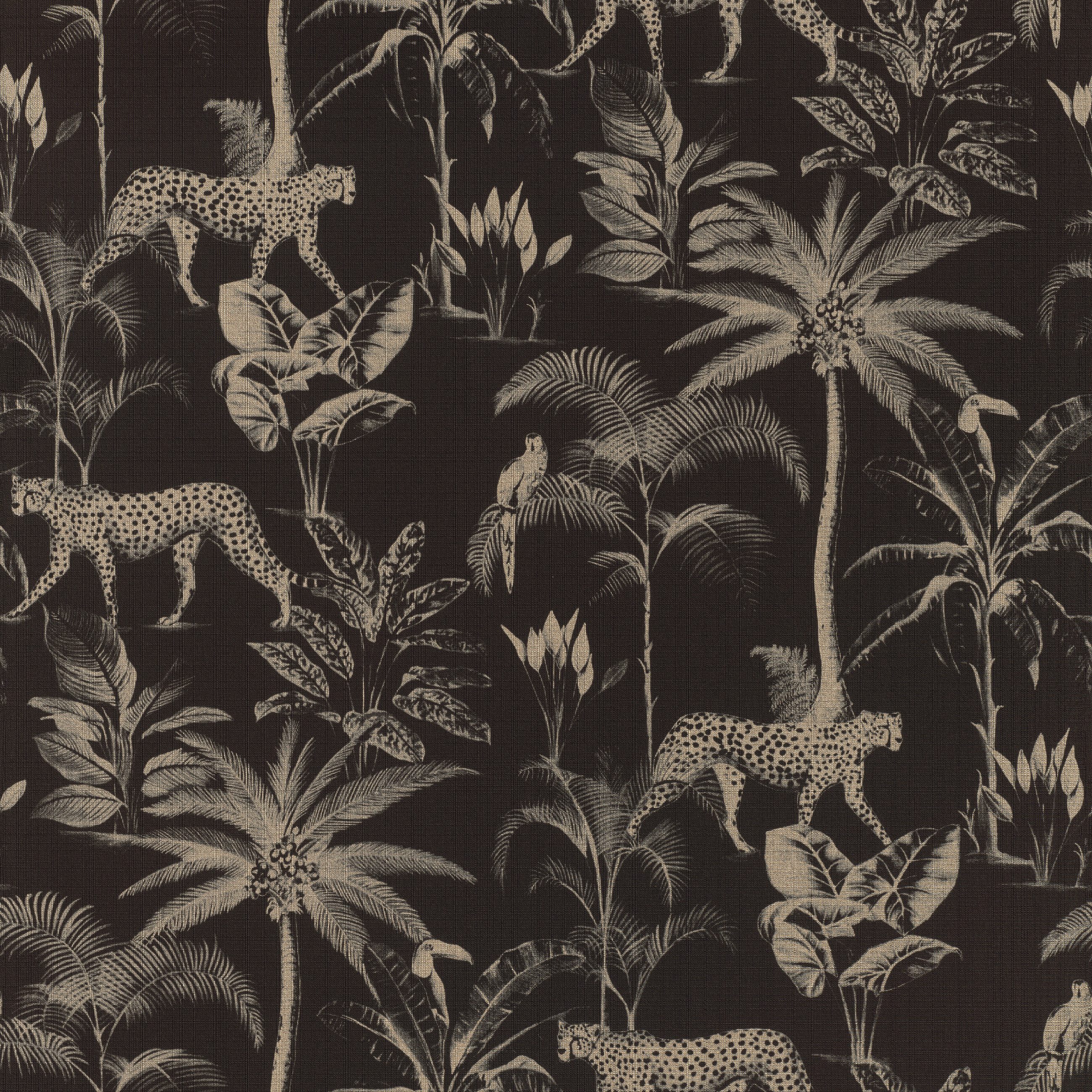 Rasch Vliestapete Palmen, Leoparden & Papagei - Vinyltapete Schwarz Silber Gold, bedruckt, (1 Rolle, 1 St., 10,05 m x 0,53 m), Lichtbeständige Farben - Feucht abwischbar - Restlost abziehbar