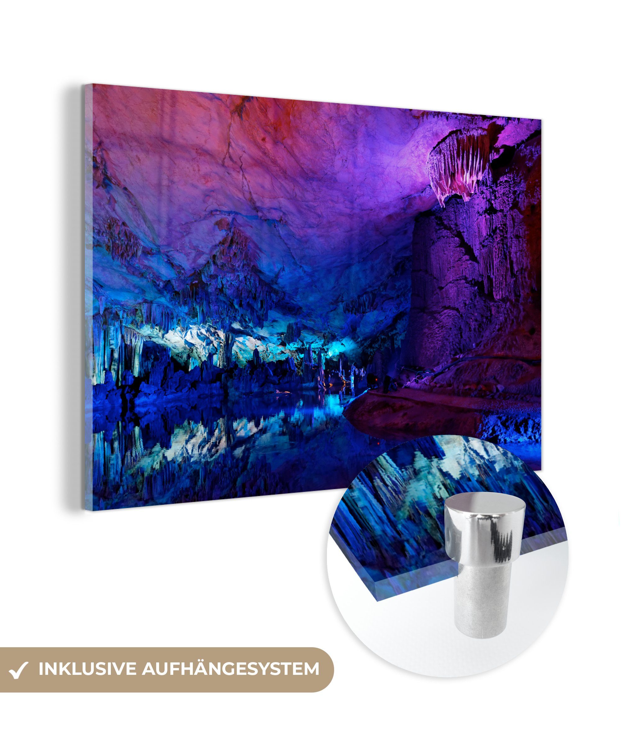 MuchoWow Acrylglasbild Ein violettes Licht auf den Stalagmiten in der Reed Flute Höhle, (1 St), Acrylglasbilder Wohnzimmer & Schlafzimmer