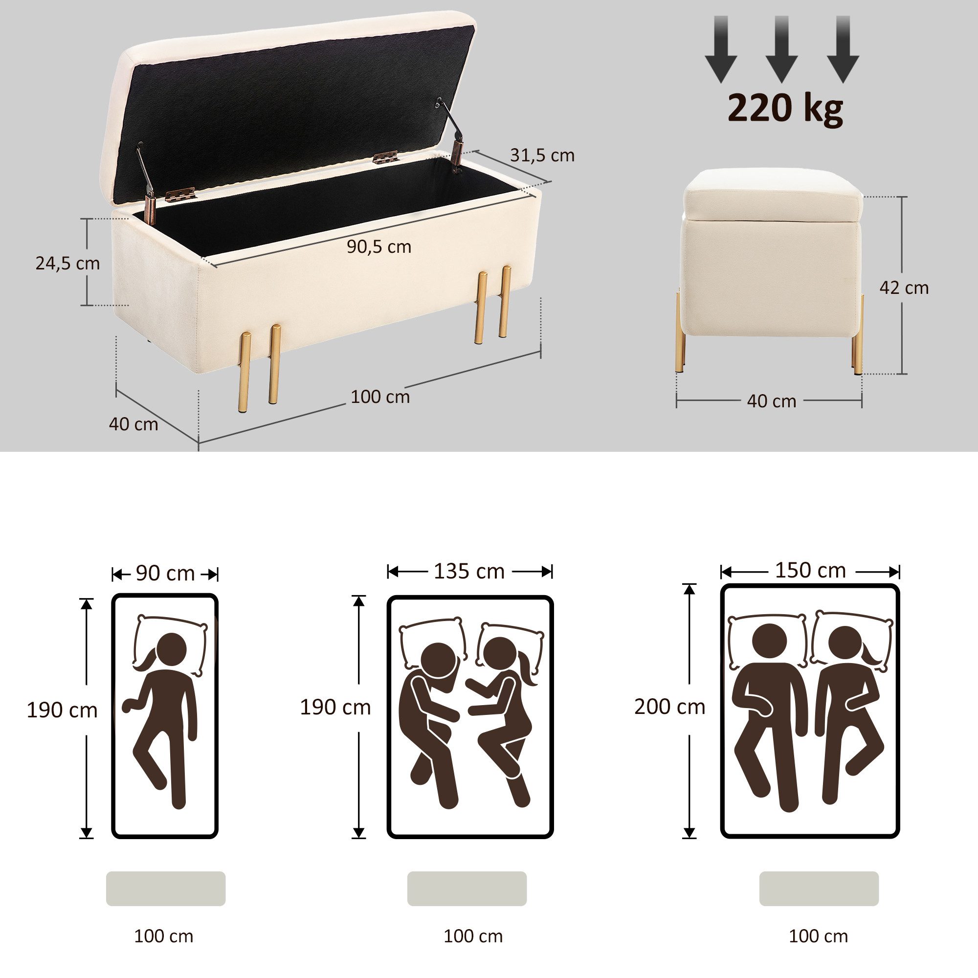 HOMCOM Sitzbank Sitztruhe mit Stauraum mit Samtoptik mit Metallbeine (Polsterbank, 1-St., Truhenbank), Stoff, Metall, Gummiholz, Schaumstoff, Beige, 100 x 40 x  – Bild 3 von 5