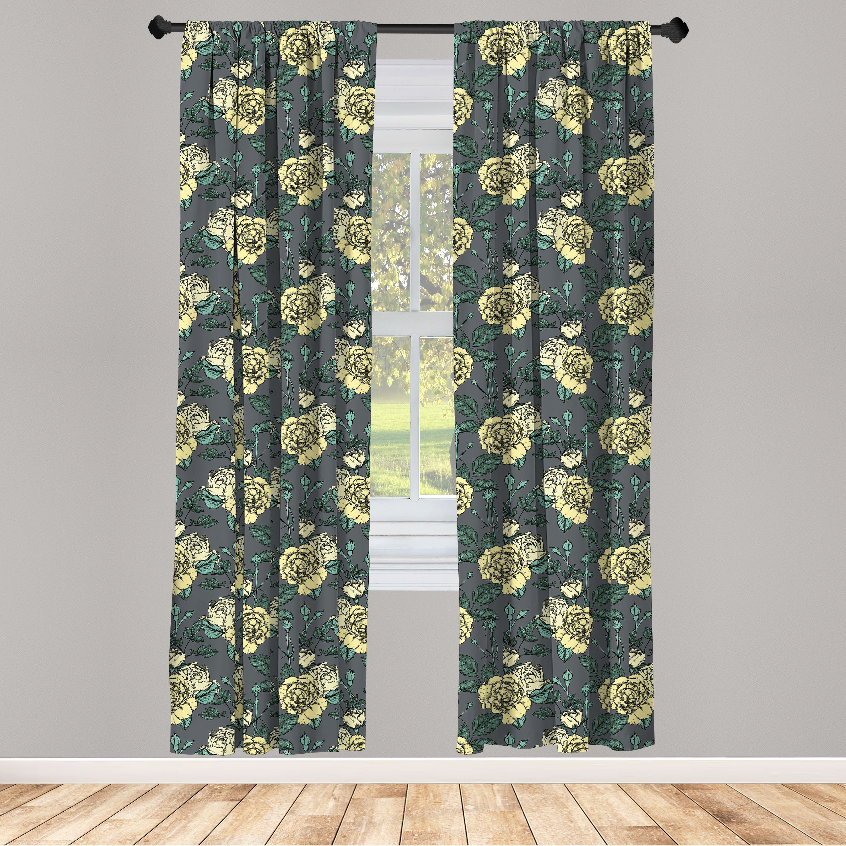 Gardine Vorhang für Wohnzimmer Schlafzimmer Dekor, Abakuhaus, Microfaser, Botanisch Yellow Tone Rosen auf Grau