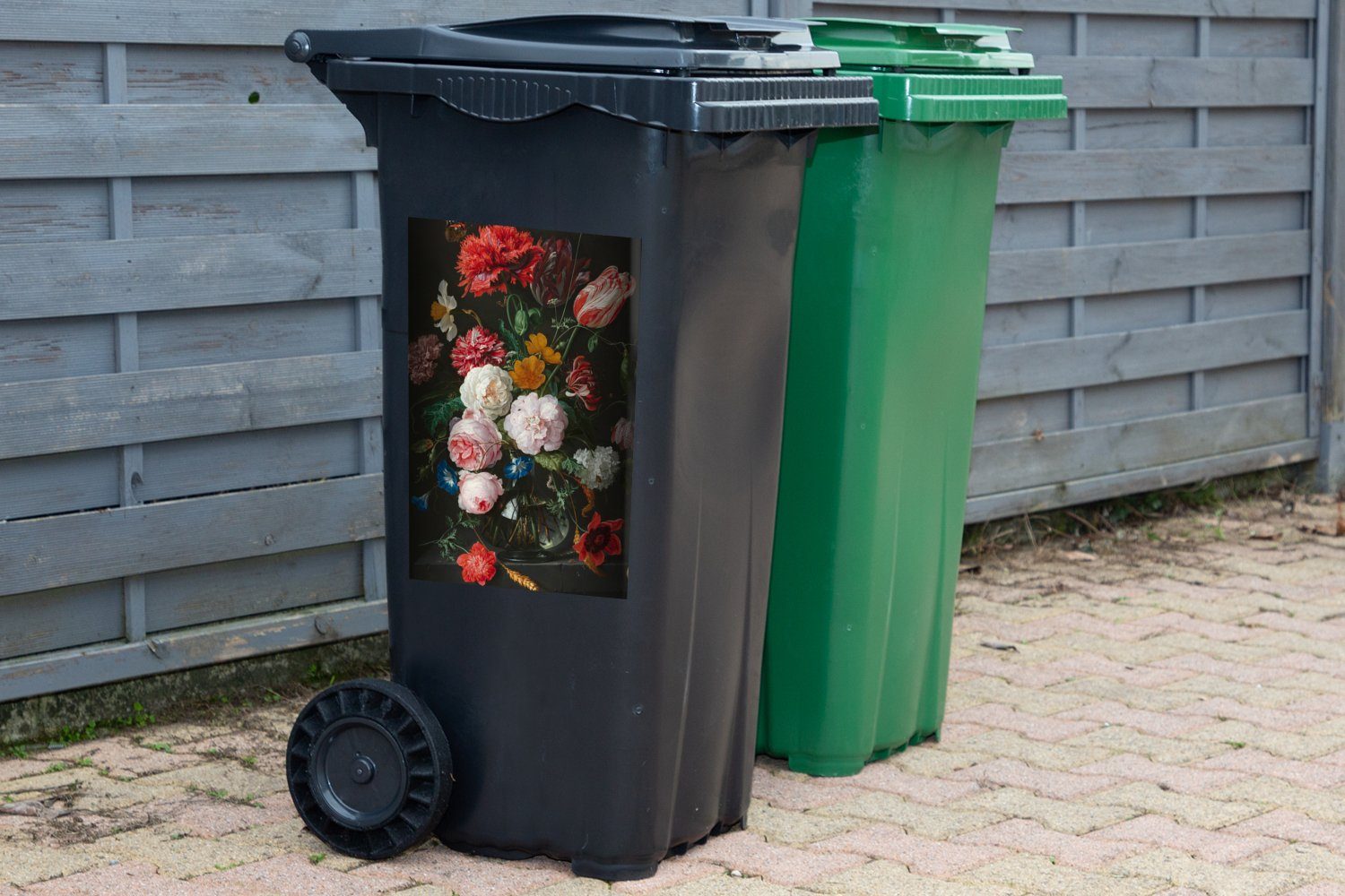 Mülltonne, - Sticker, de Stilleben Mülleimer-aufkleber, Wandsticker Gemälde Container, Blumen MuchoWow in von einer Jan St), mit Glasvase Davidsz. Abfalbehälter (1