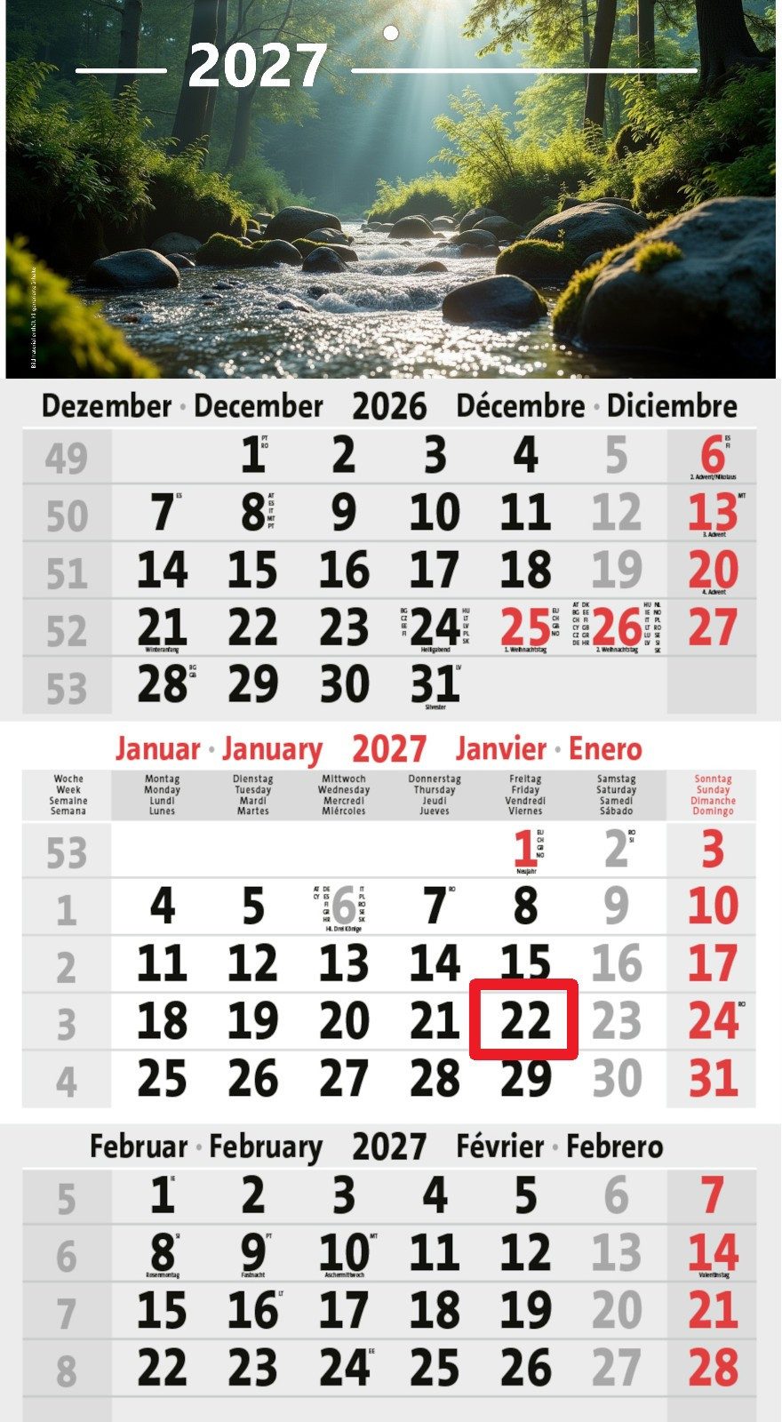 Anschütz Wandkalender 3-Monatskalender 2027 Büro Wandkalender 450x235mm mit Bild