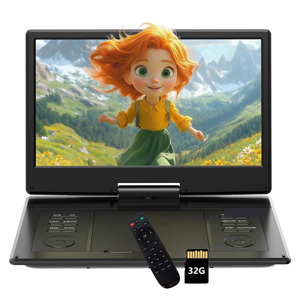 Avylet 15,7" Портативный dvd-плеер mit 14,1" HD-Schwenkdisplay Portabler DVD проигрыватели (6 Stunden Wiederaufladbare Batterie, Unterstützung für USB/TF-Karte/AV-Übertragung, Sync TV/Projektor Bildschirm, Unterstützt Mehrere Formate/SD/USB, TV/Beamer-Anschluss)